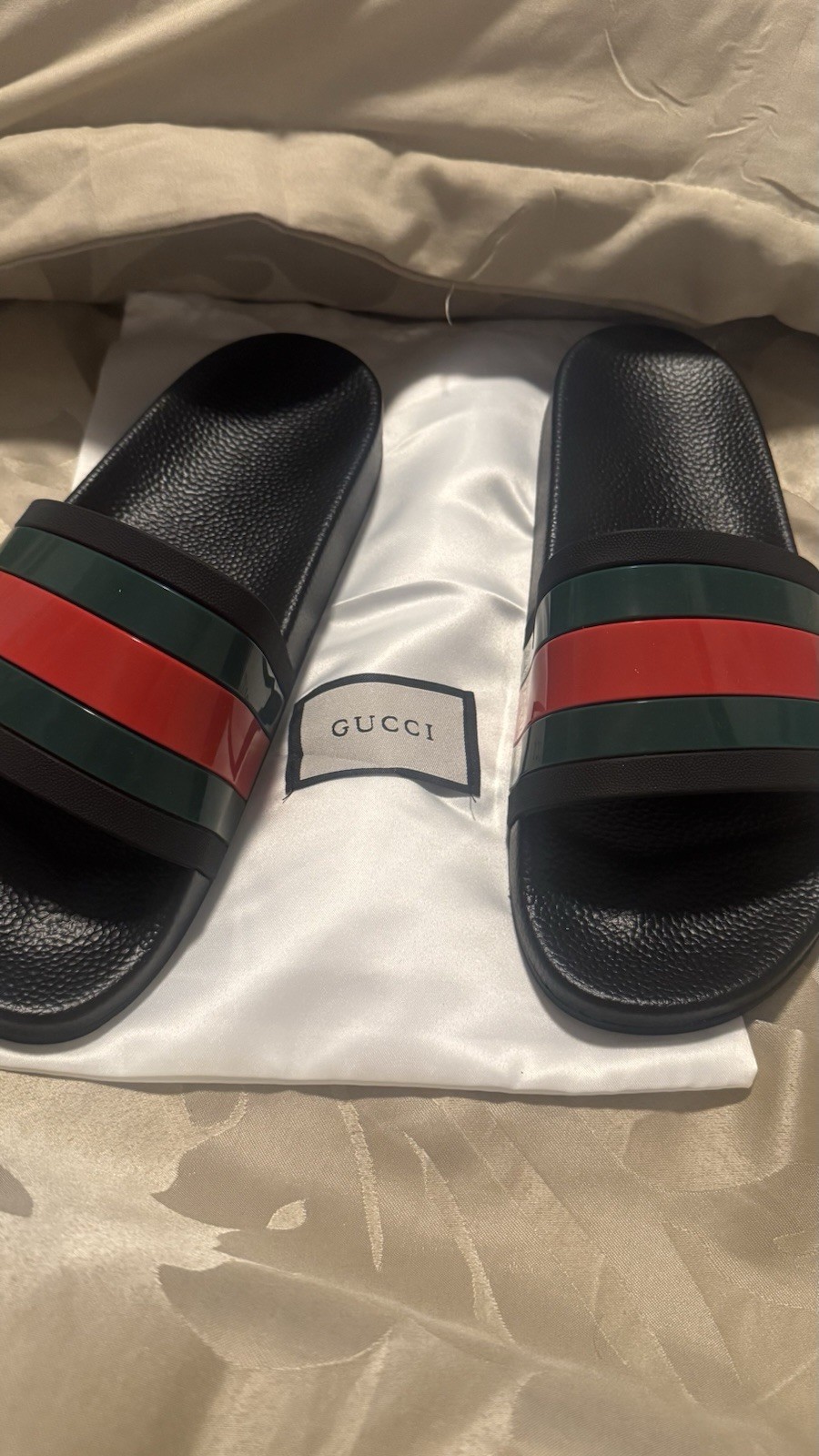 Gucci Men’s Web Stripe Logo Slide Sandals Black/Red/Green Rubber US 9