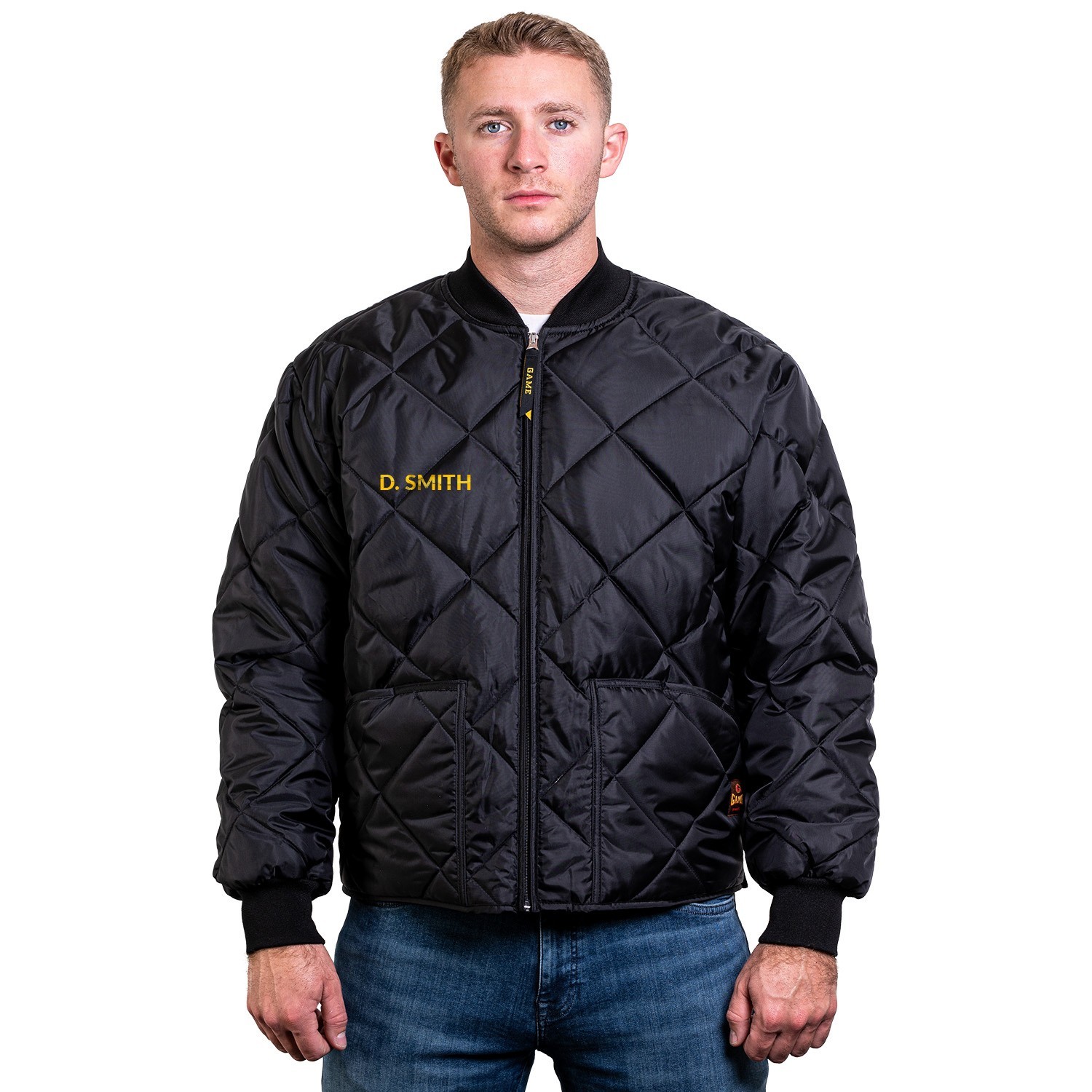 NEW Embroidered GAME Apparel Men’s 1221-J The Bravest Diamond Quilt Jacket Navy