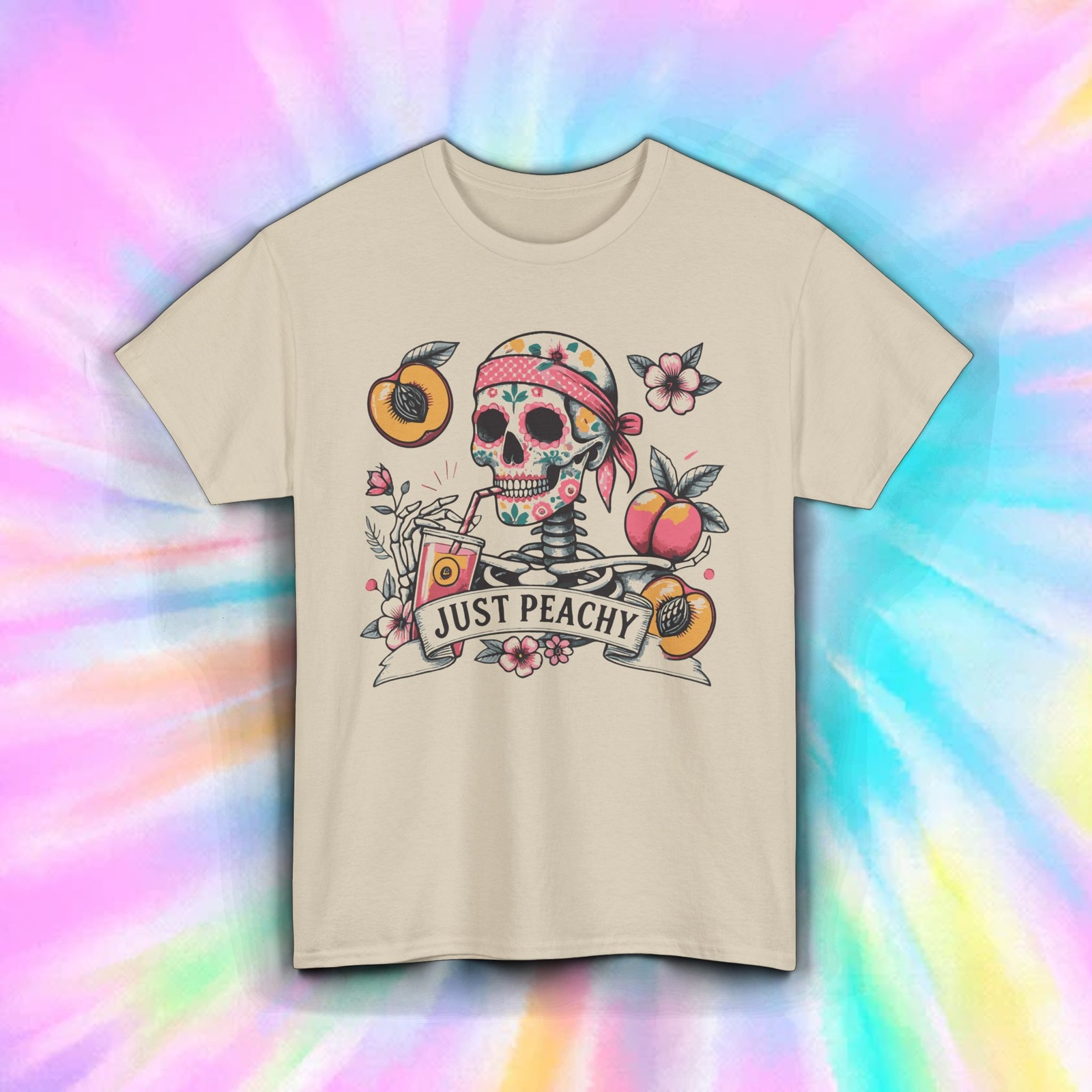 Just Peachy Shirt Skull Bandana Floral Peach Juice Funny Summer Vibe Tee S-5XL