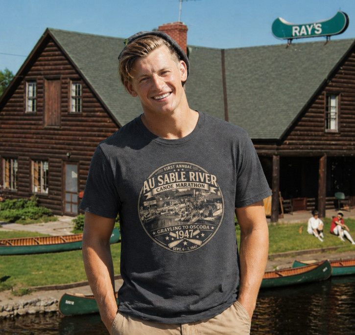 FIRST ANNUAL AU SABLE RIVER CANOE MARATHON GRAYLING MICHIGAN 1947 STYLE T-SHIRT