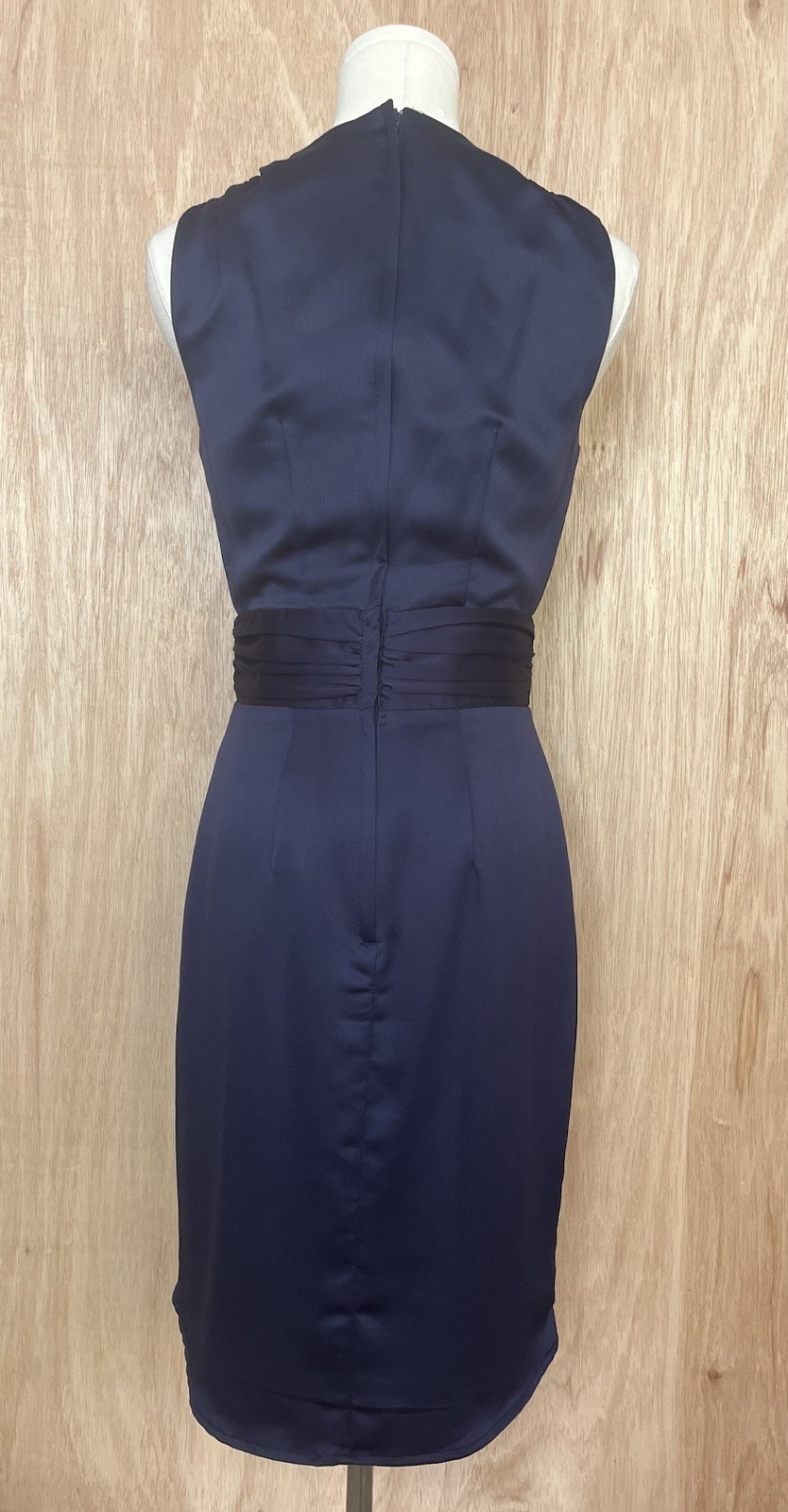H&M Navy Solid Satin Sheath Dress Sleeveless V-Neck Pleated Size 4 Cocktail