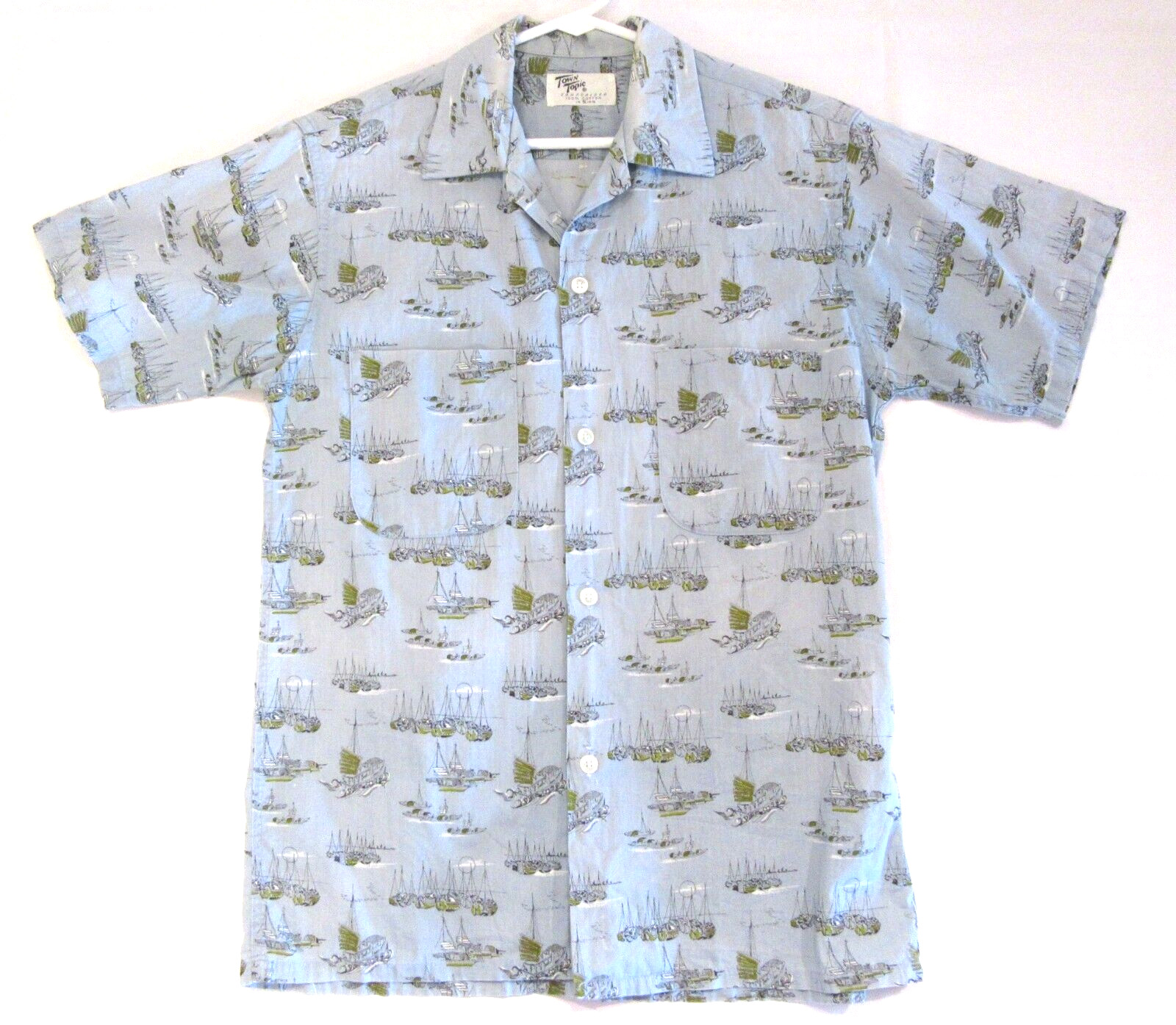 1950S S VINTAGE SHIRT SAILBOAT ASIAN BOAT JUNK PRINT FADED COLLAR SANFORIZED S66