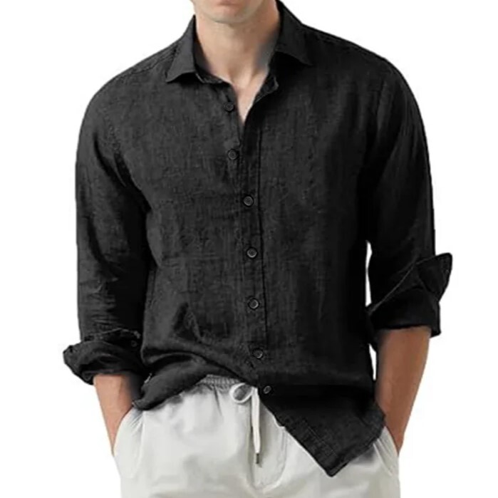 Shirt Men’s Long Sleeve Plain Cotton Linen Club Button Down Short Casual 25% OFF