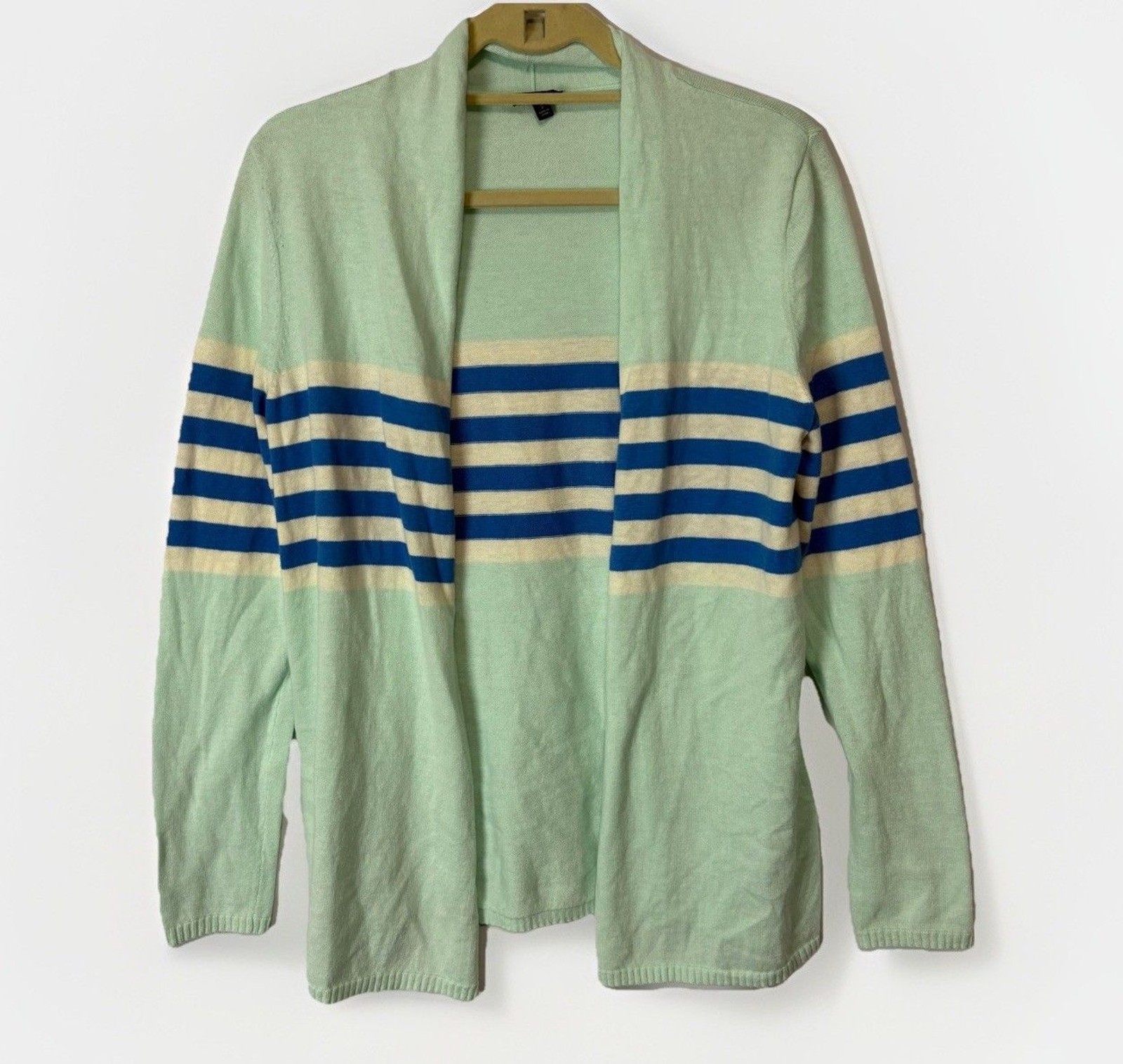 TALBOTS Cardigan Sweater Blue Green White Mint Striped Open Front Small Soft