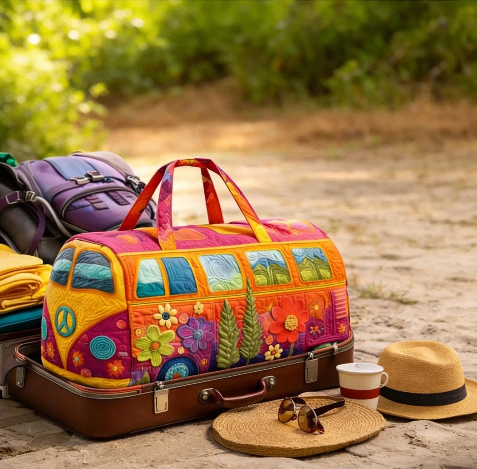 Unisex Boho Quilted Weekender Bag – Large Hippie Van Quilted Duffle Bag Carry-on