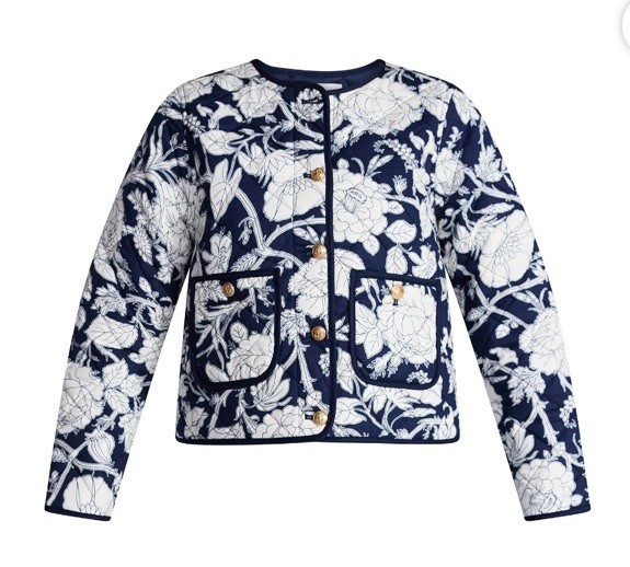 Navy Floral Grandmacore Quilted Midweight Cotton Cottagecore L Button Up Jacket