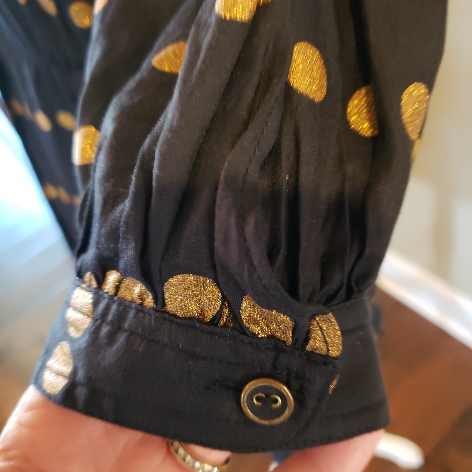 Anthropologie Postmark Dress Womens 6 Navy Gold Dots Slit Sleeves Silk Blend EUC