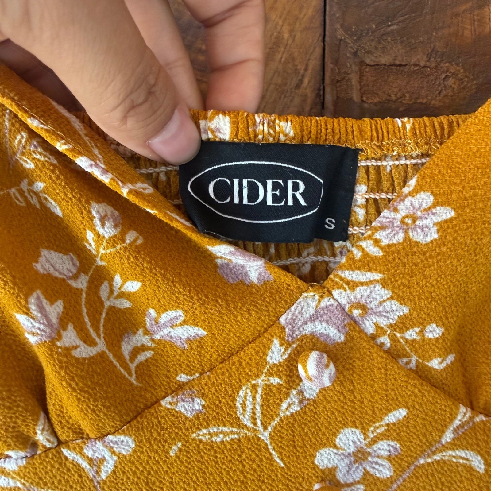 Cider Mustard Yellow Floral Romper V-Neck Smocked Back Ruffle Hem Buttons Small