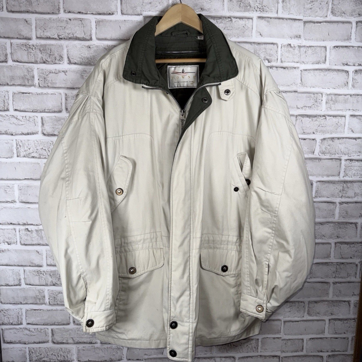 Towne By London fog Trench Coat Double Ivory & green Men’s Size Large Regular