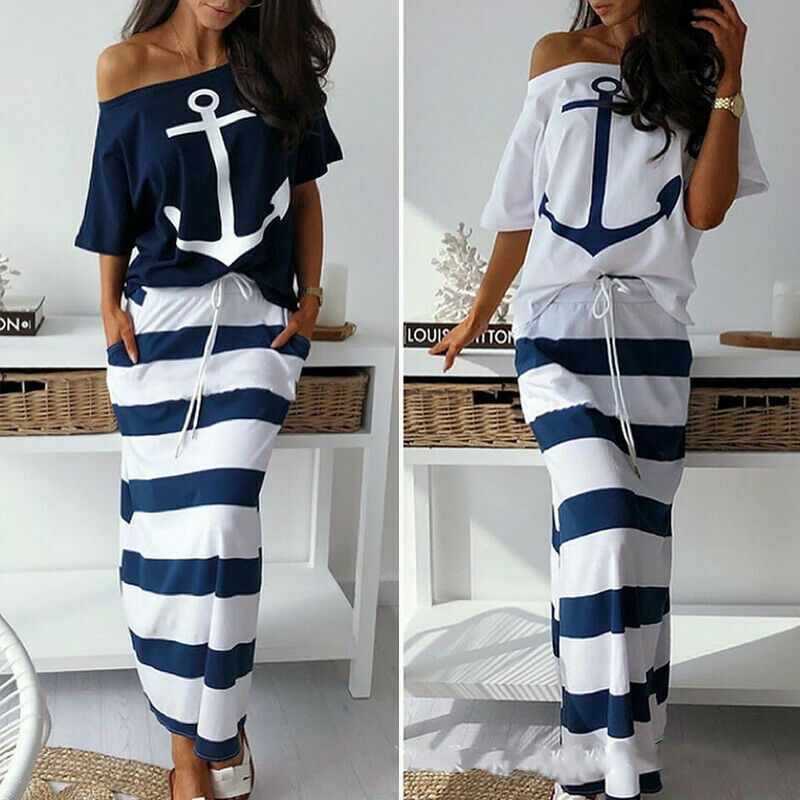 Women Ladies Casual Sailor Top Ruffle Skirt & Blouse Set Long Maxi Dress 2 piece