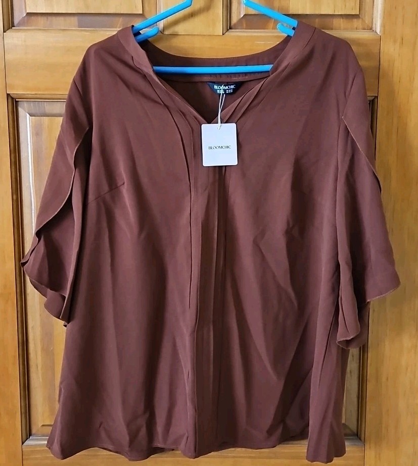 BloomChic – Women’s Petal Sleeve Toothpick Pleats Shirt – Brown – Size 14 / 16
