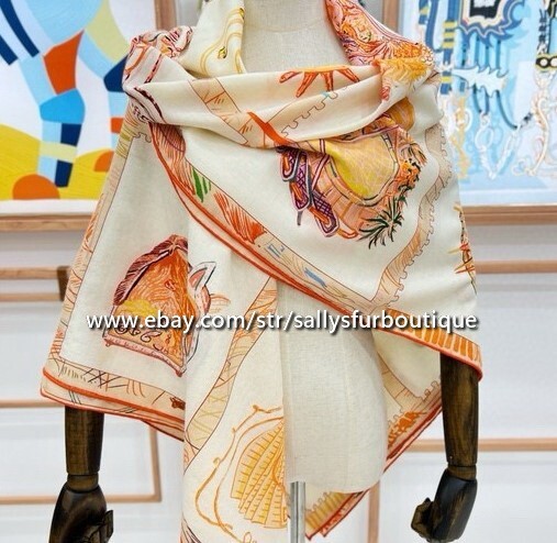 Sallys 75% Cashmere 25% silk Stole Horse Heads Print Double Face Scarf Shawl 53″