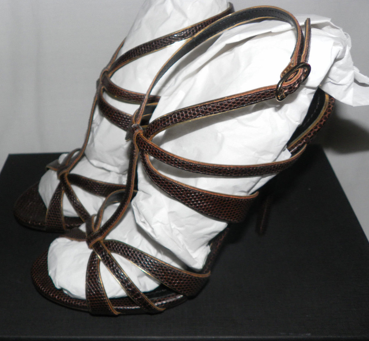 DOLCE & GABBANA LIZARD STRAPPY T-STRAP SLINGBACK STILETTO SANDALS BROWN Sz. 40
