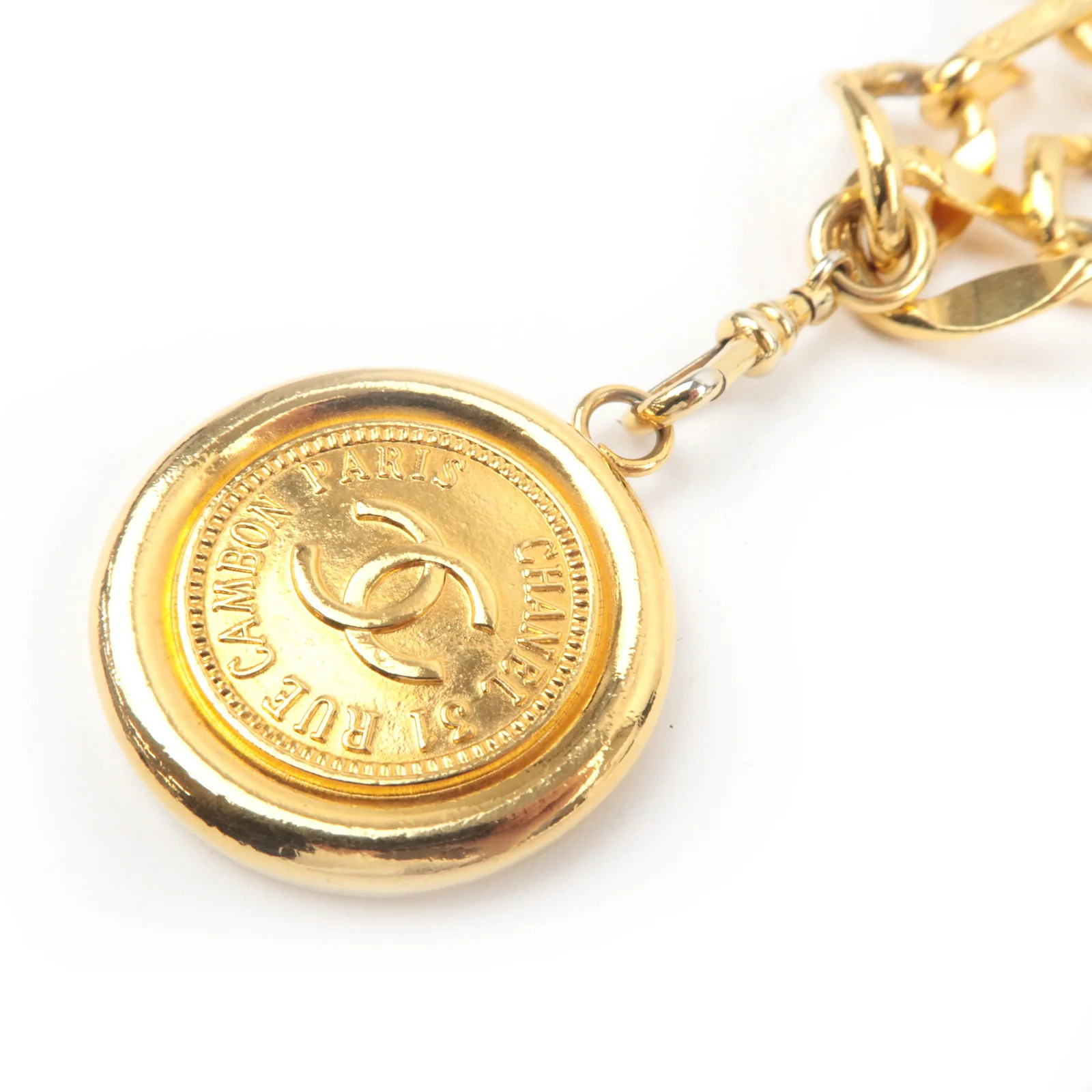 CHANEL Coin Charm Double Chain Belt Waist Around 75cm Gold Color Authentic