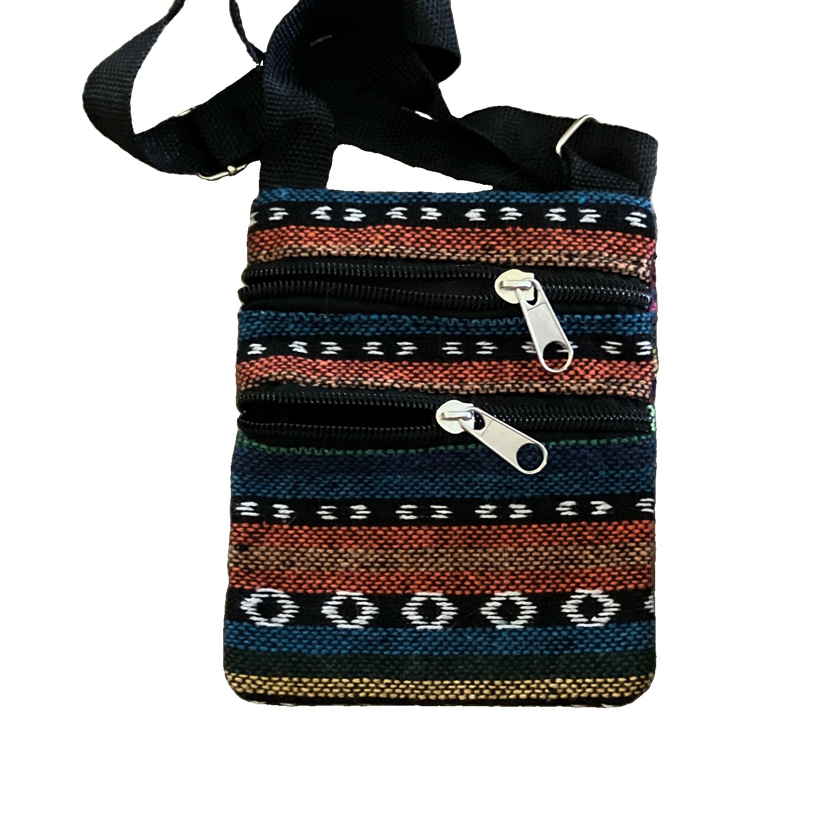 Geometric Striped Multicolor/Black Crossbody Bag Zip Closure Adjustable Strap