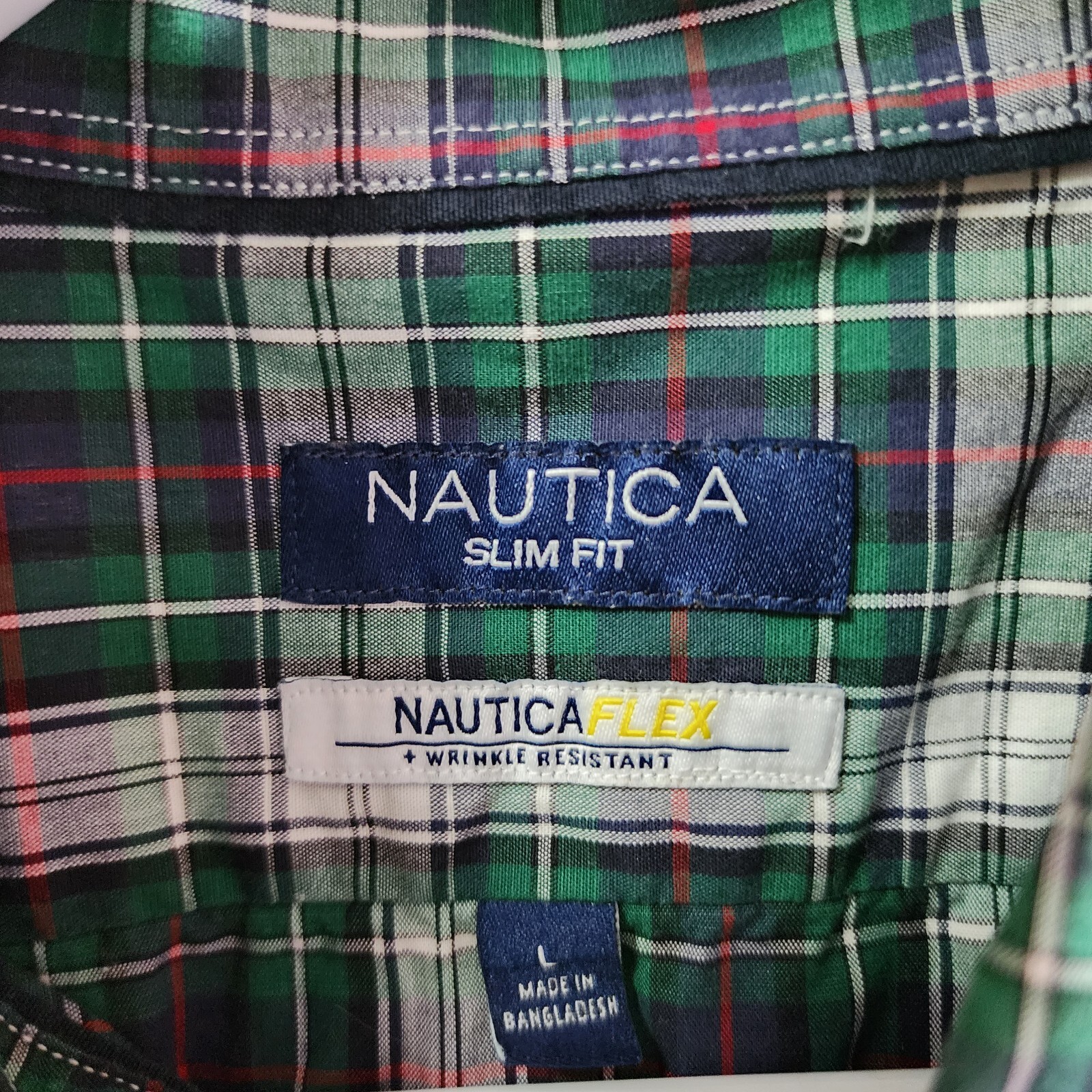Nautica Men’s Slim Fit Wrinkle-Resistant Plaid Shirt, Green, Large**DEFECTIVE**