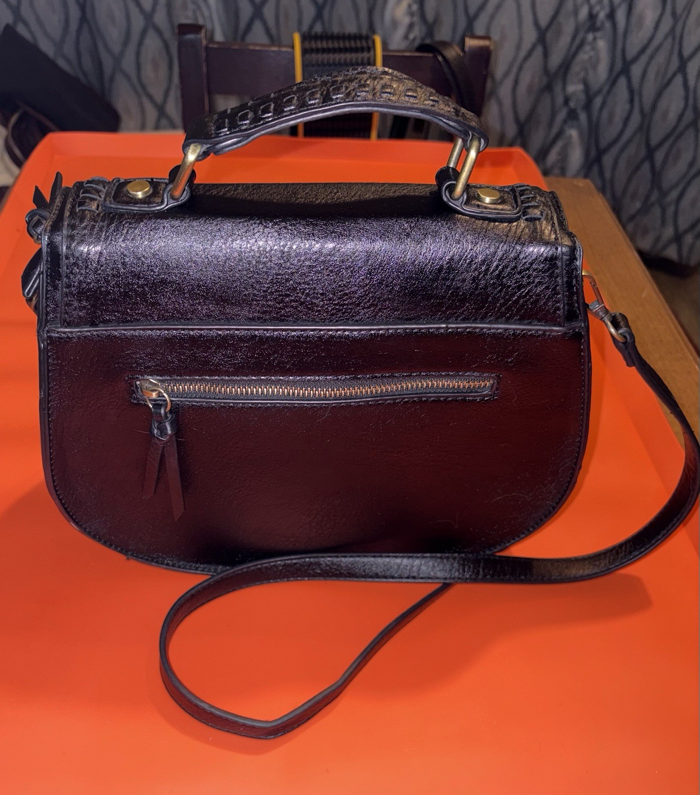 Madison West Black Crossbody Saddle Bag Magnetic Flap Zip Pockets Adjustable