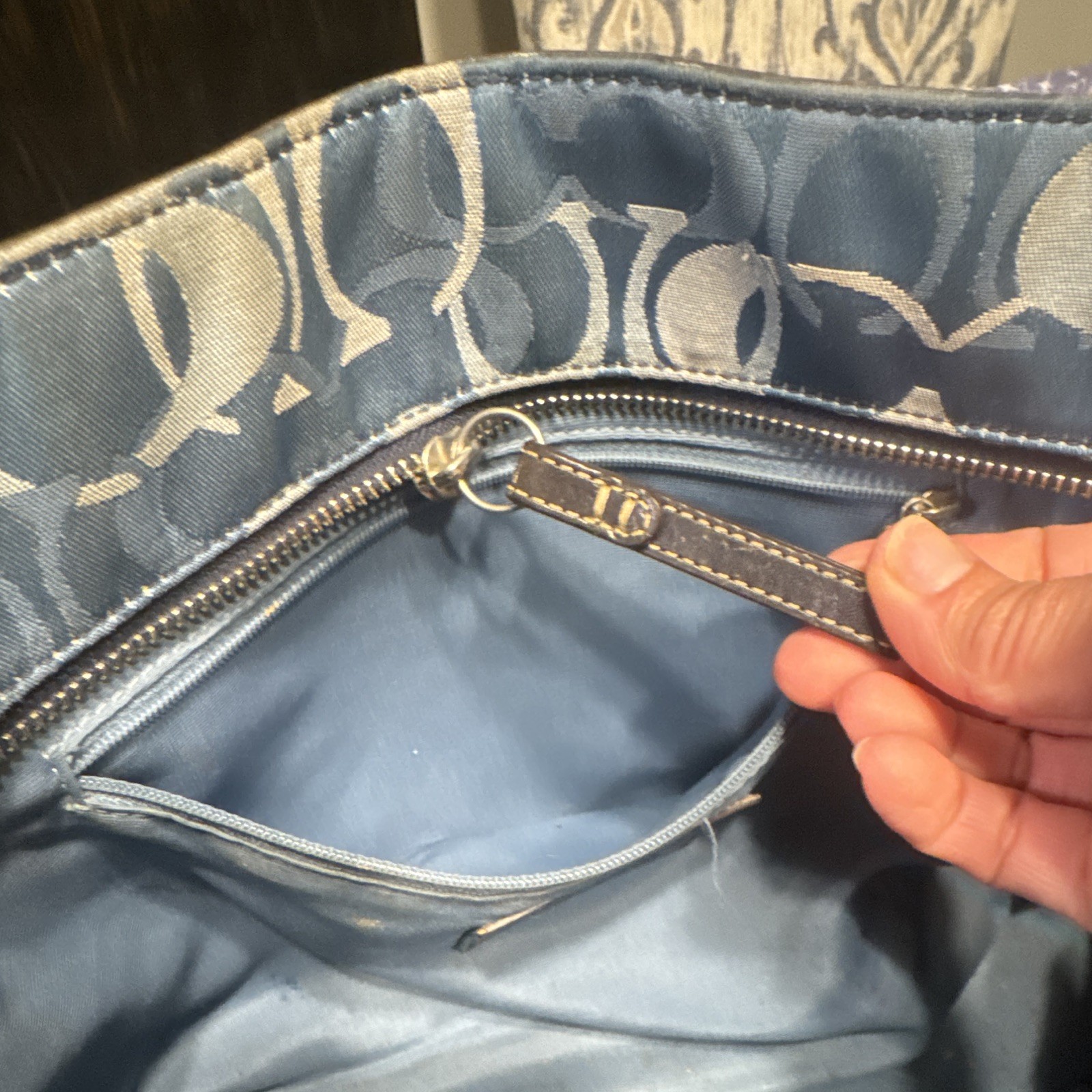 Coach Signature Blue/Brown Medium Tote Shoulder Bag Zip Double Handles Strap