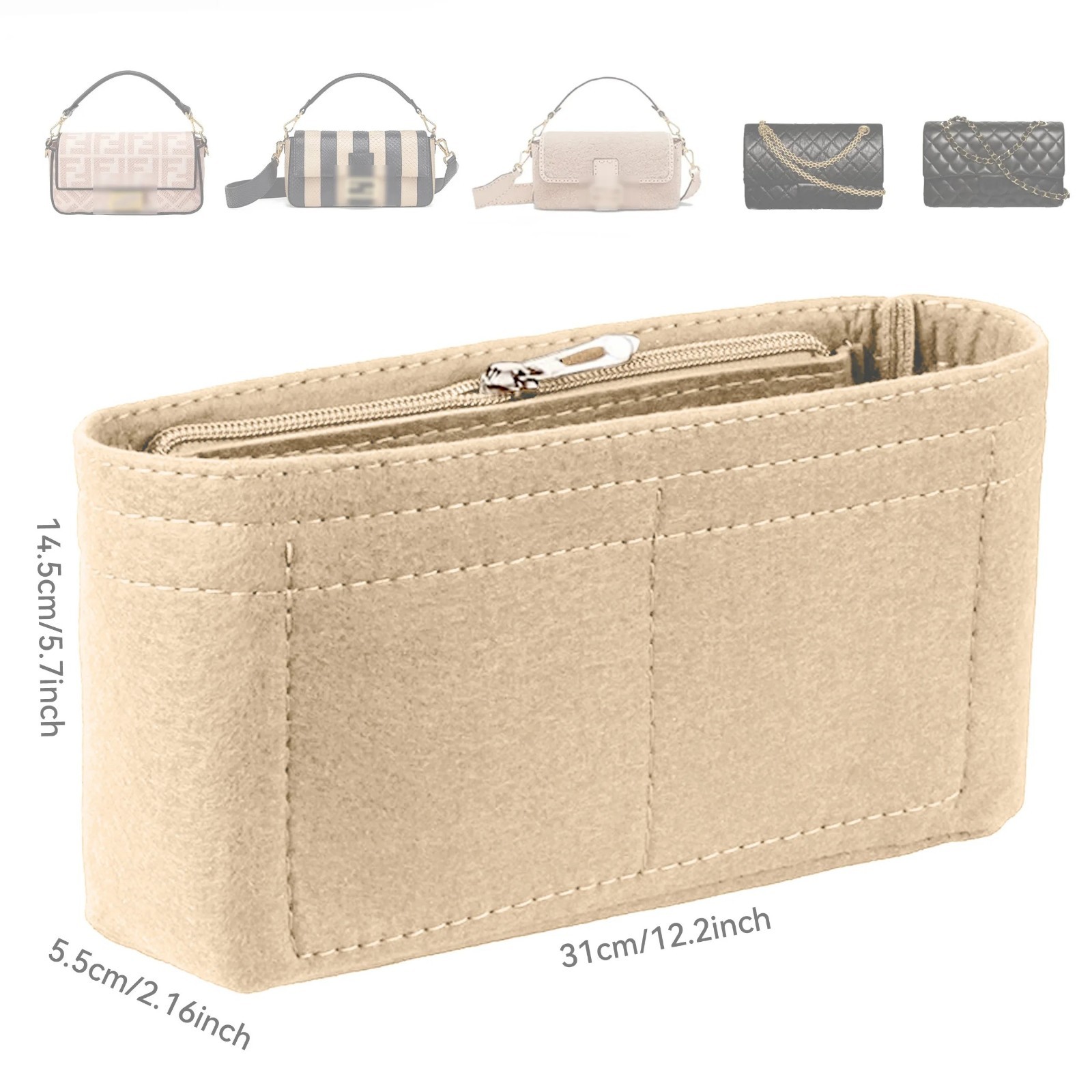 Felt Bag Organizer Insert with Zipper Multi Pocket Purse Liner Handbag Organizer