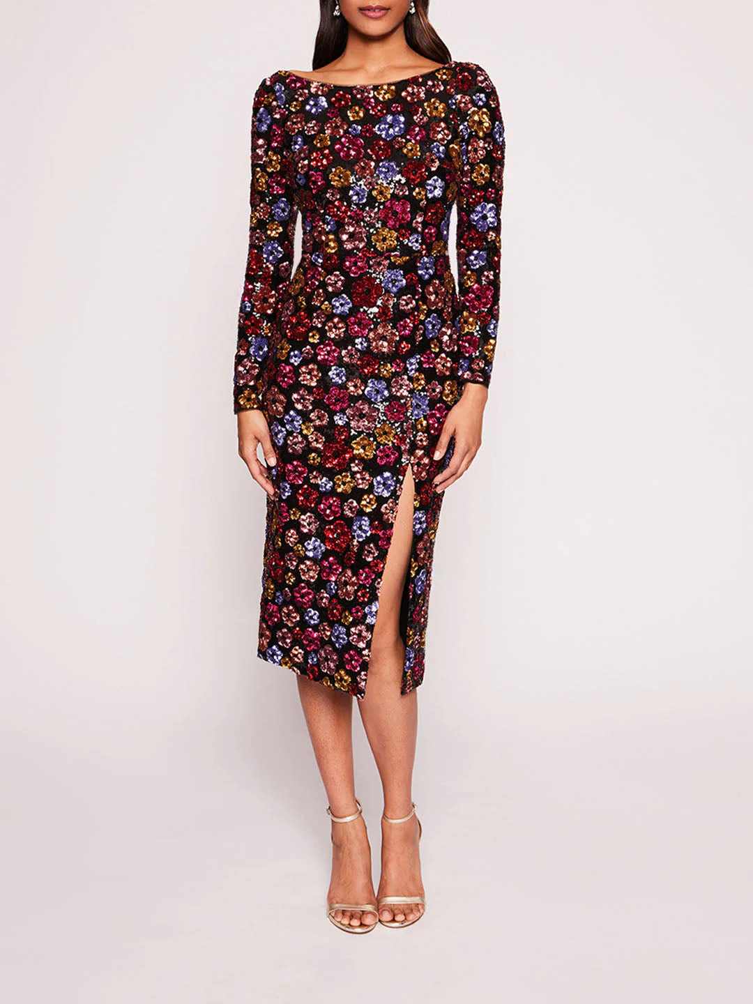 Marchesa Notte Sequin Bouquets Midi Dress – Red – Size 12, 14