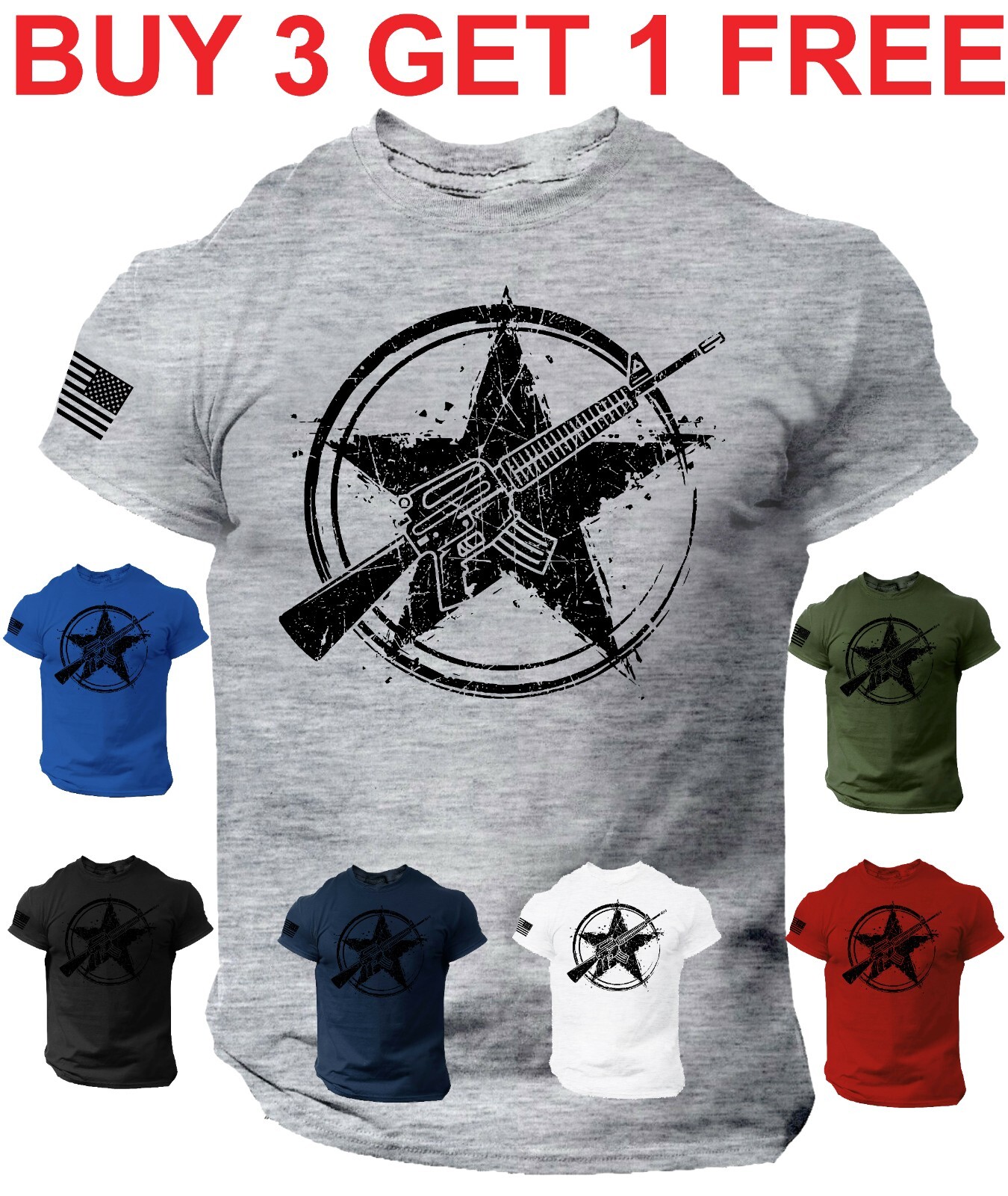 AR15 Rifle T-shirt USA Gun Flag Distressed Unisex Military 2nd Amendment 1776