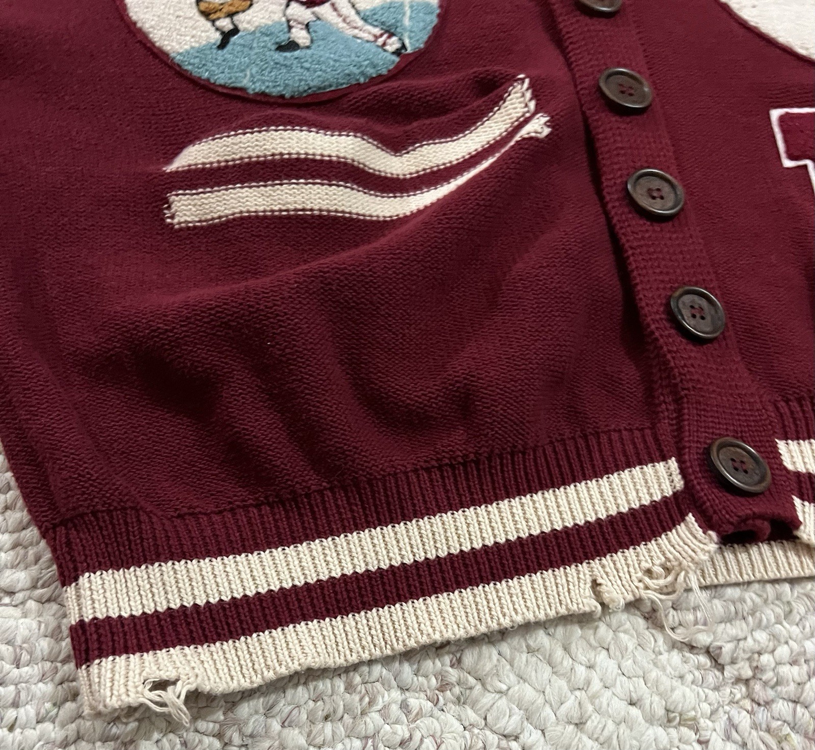 Found Fin Varsity Patch Collar Cardigan Sweater Unisex W XL M XL Red Distressed