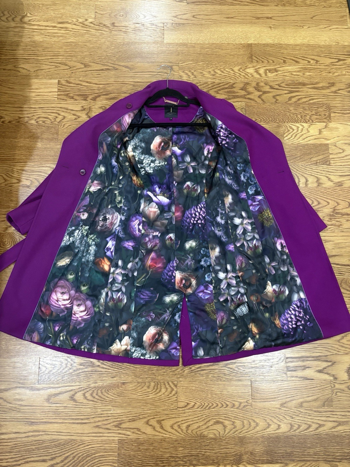 Ted Baker Magenta Wool Trench Coat With Floral Lining Size 0