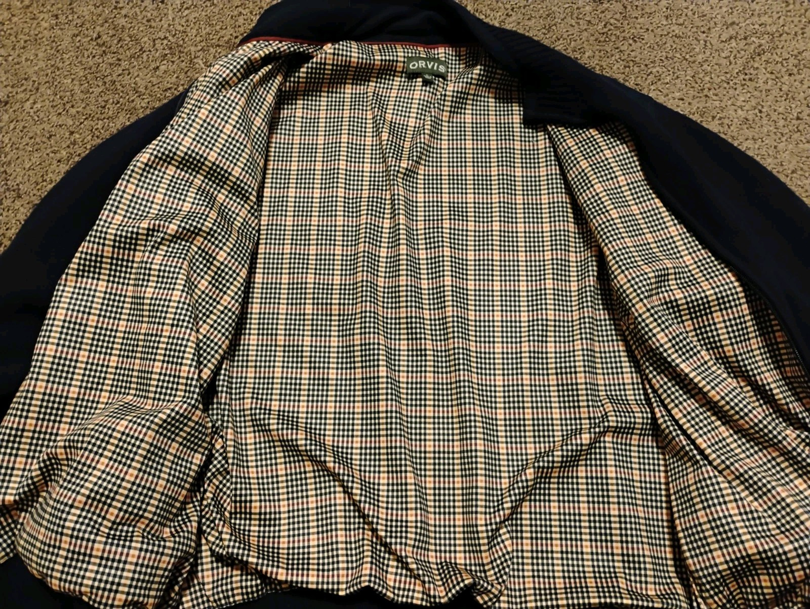 Orvis Bomber Jacket Mens Large Blue 100% Wool Outdoor Plaid Lined
