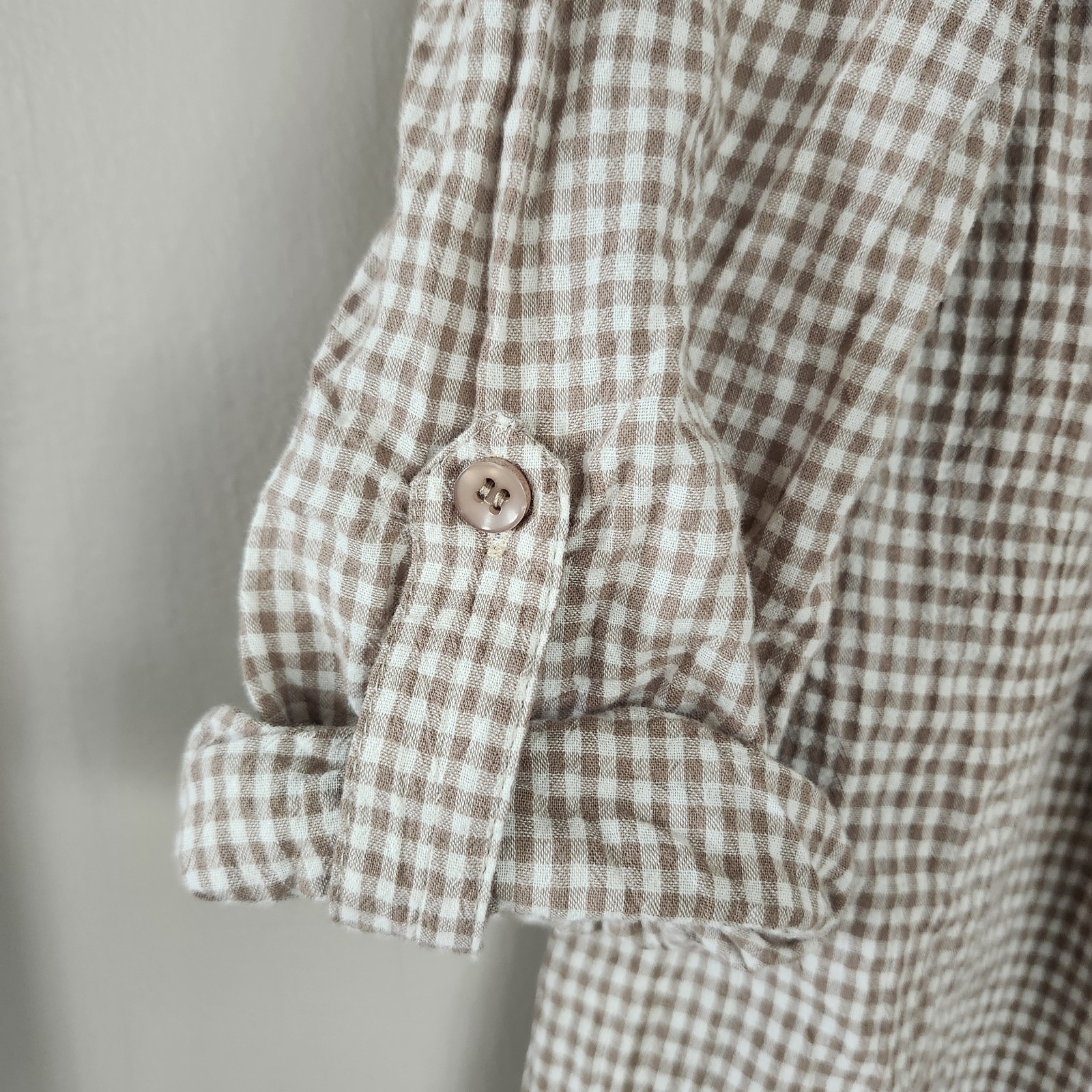 Tassels N Lace Womens M Gingham Crochet Roll Tab Sleeve Hi Lo Top Shirt Country