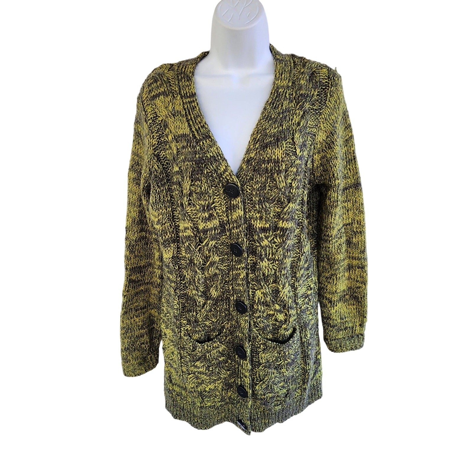 Carole Little Chunky Cable Knit Cardigan Sweater L Marled Olive Green Wool Blend