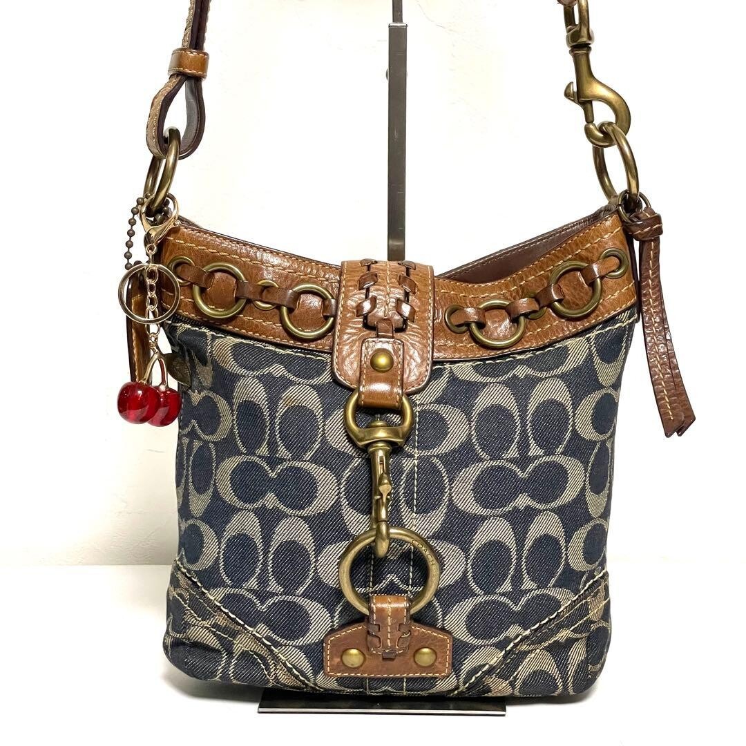 Coach Jackie 10405 Denim Canvas Shoulder Bag Blue Brown Gold Charm 8.7in