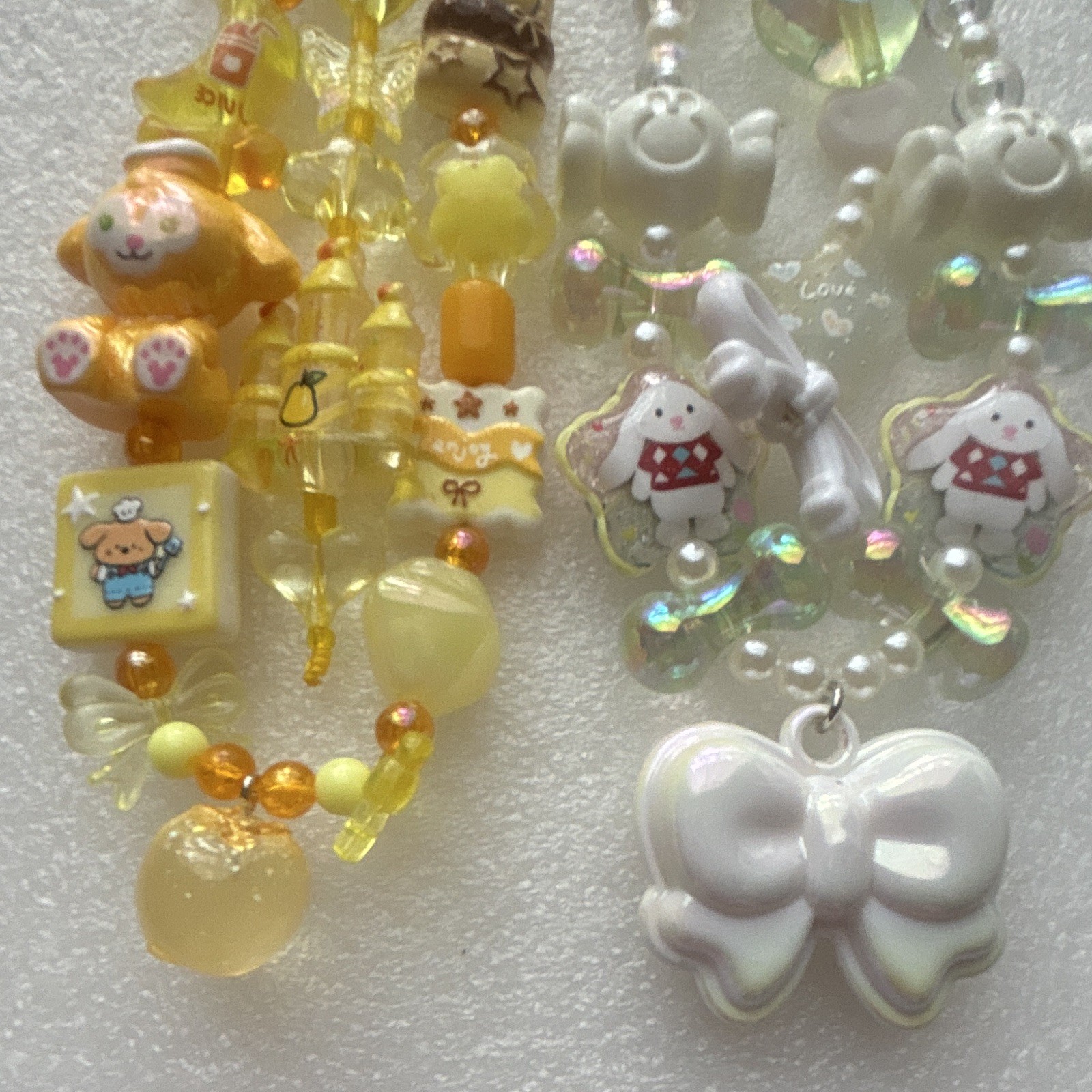 2 Kawaii Bunny Beaded Key Chain Keyring for Women, Yellow White Iridescent