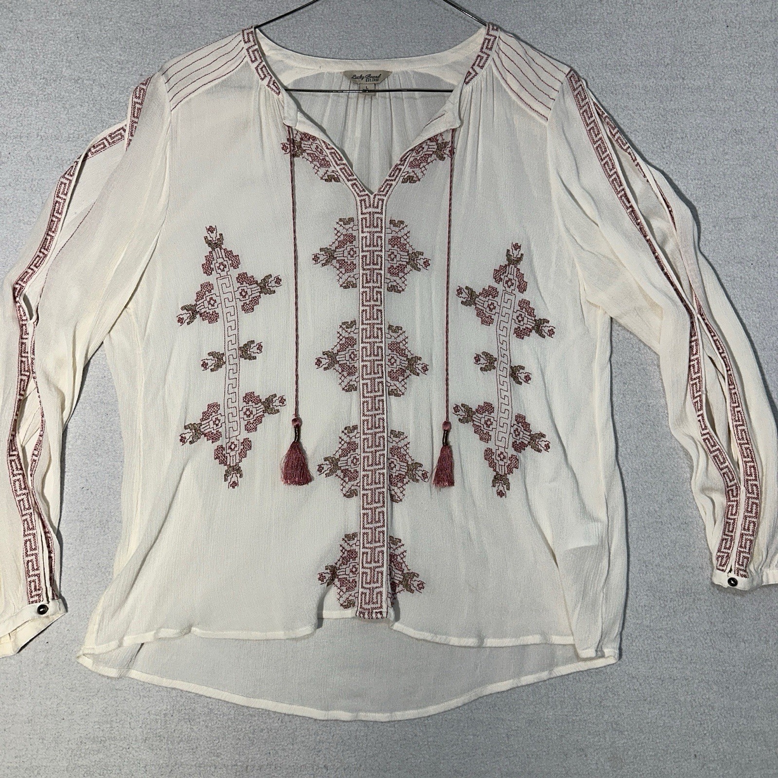 Lucky Brand Womens Embroidered Peasant Top Ivory Greek Tassel Boho Blouse Large