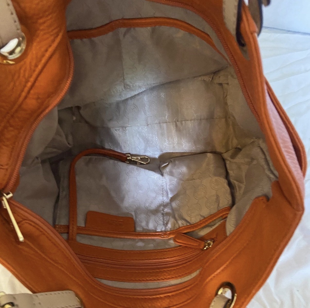 Michael Kors Large Orange Tote Zip Top w/ MK Charm, Beige Straps, Gold HW