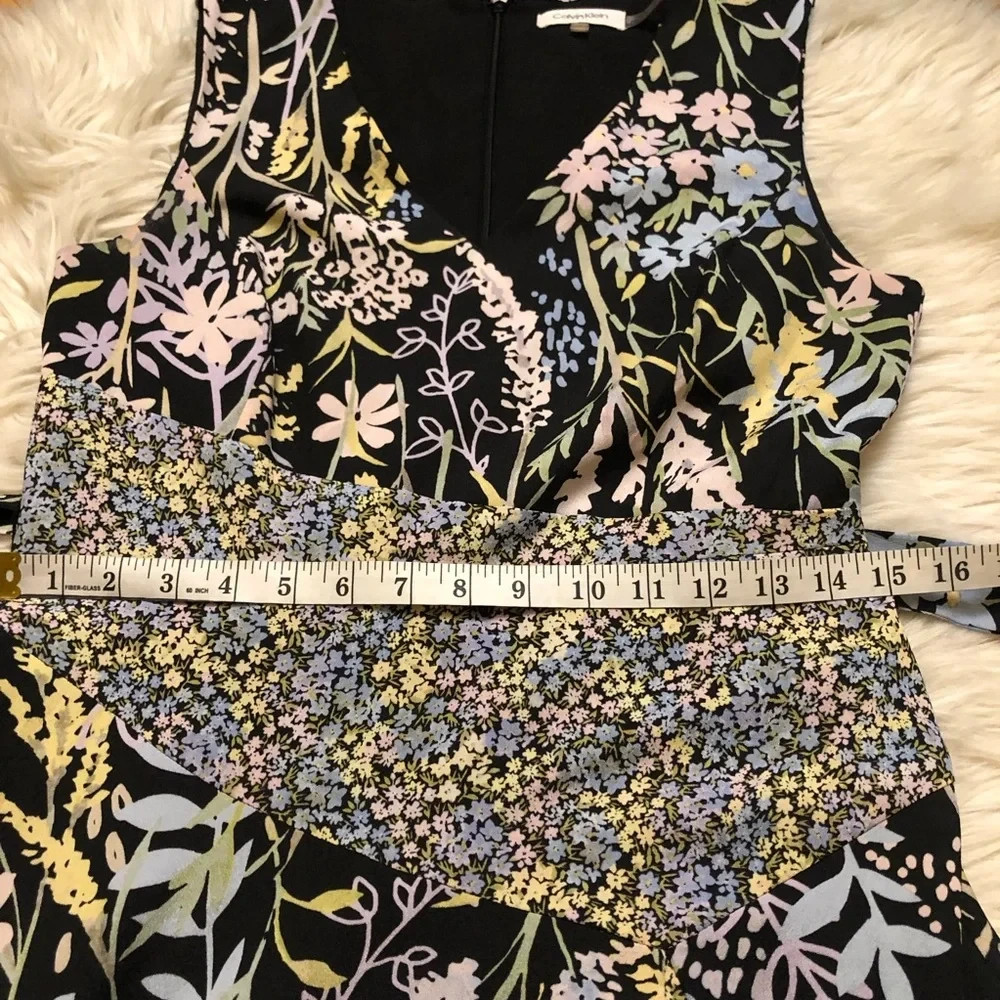Calvin Klein Mixed Floral Asymmetrical Handkerchief Black Yellow Midi Dress 6