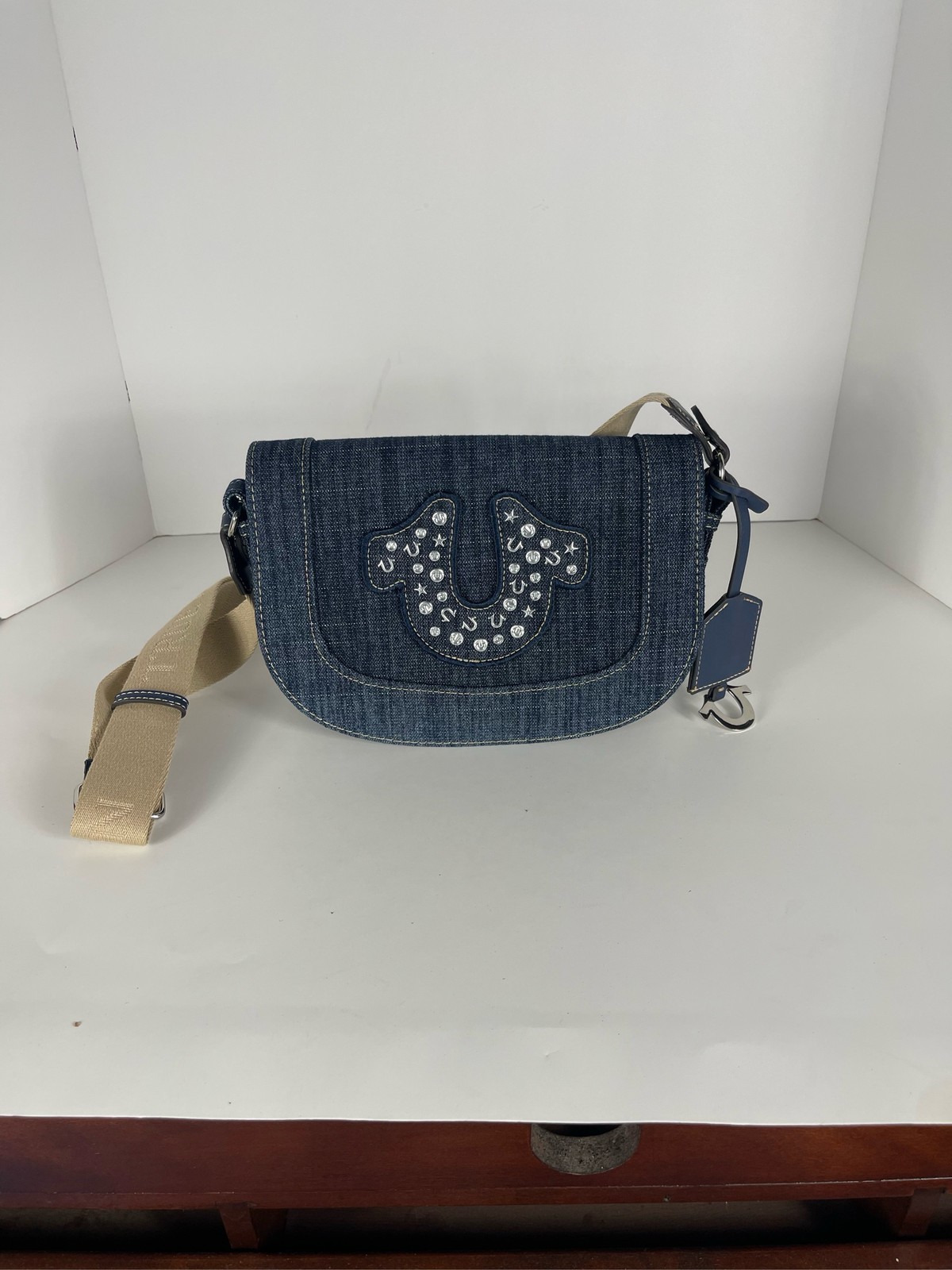 True Religion Denim Crossbody Bag Studded Horseshoe Flap Shoulder Purse