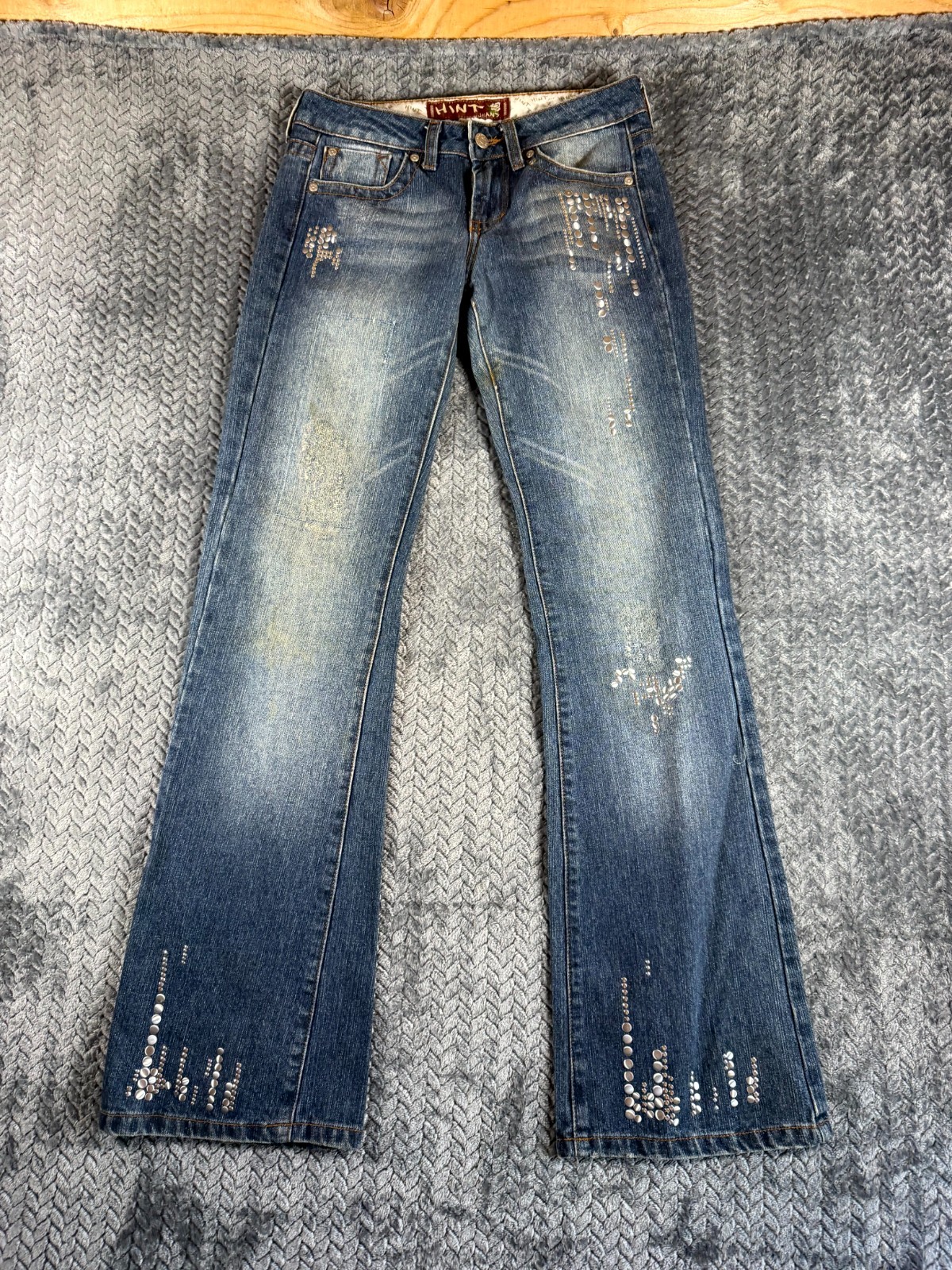 Vintage Hint Flare Jeans Womens 1 Blue Denim Cotton Studded Distressed Mid Rise
