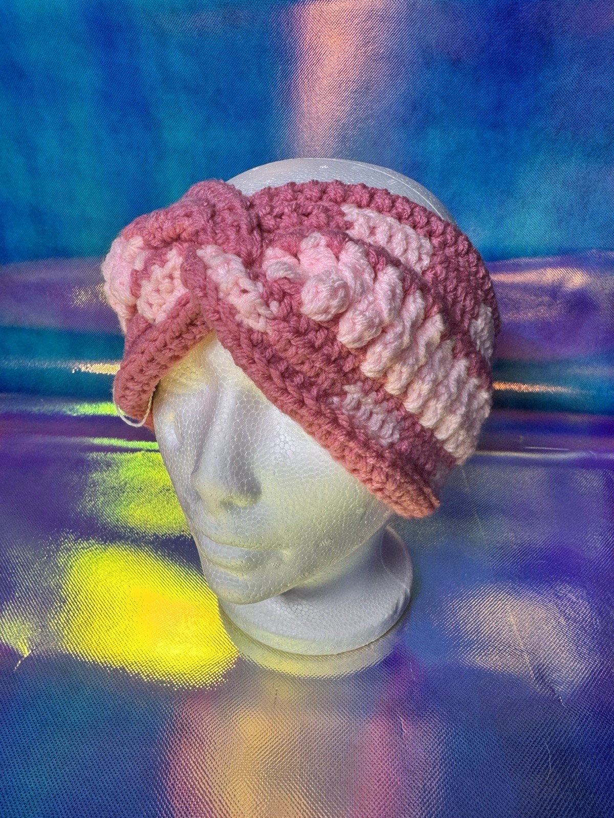 Women’s Crochet Turban Style Headband, One Size, Pink Striped