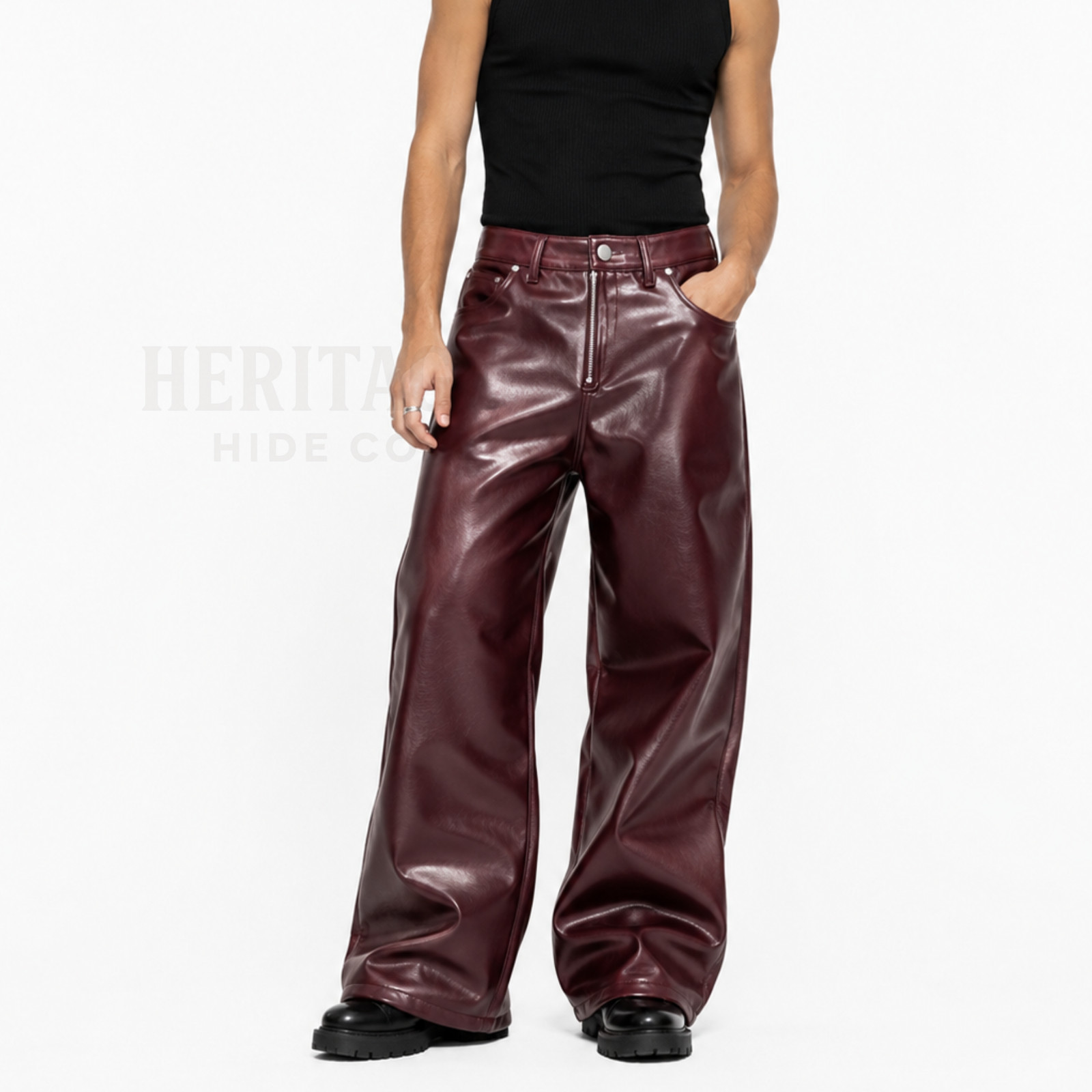 Men’s Burgundy Genuine Leather Wide Leg Pants – High Waist Flared Trousers