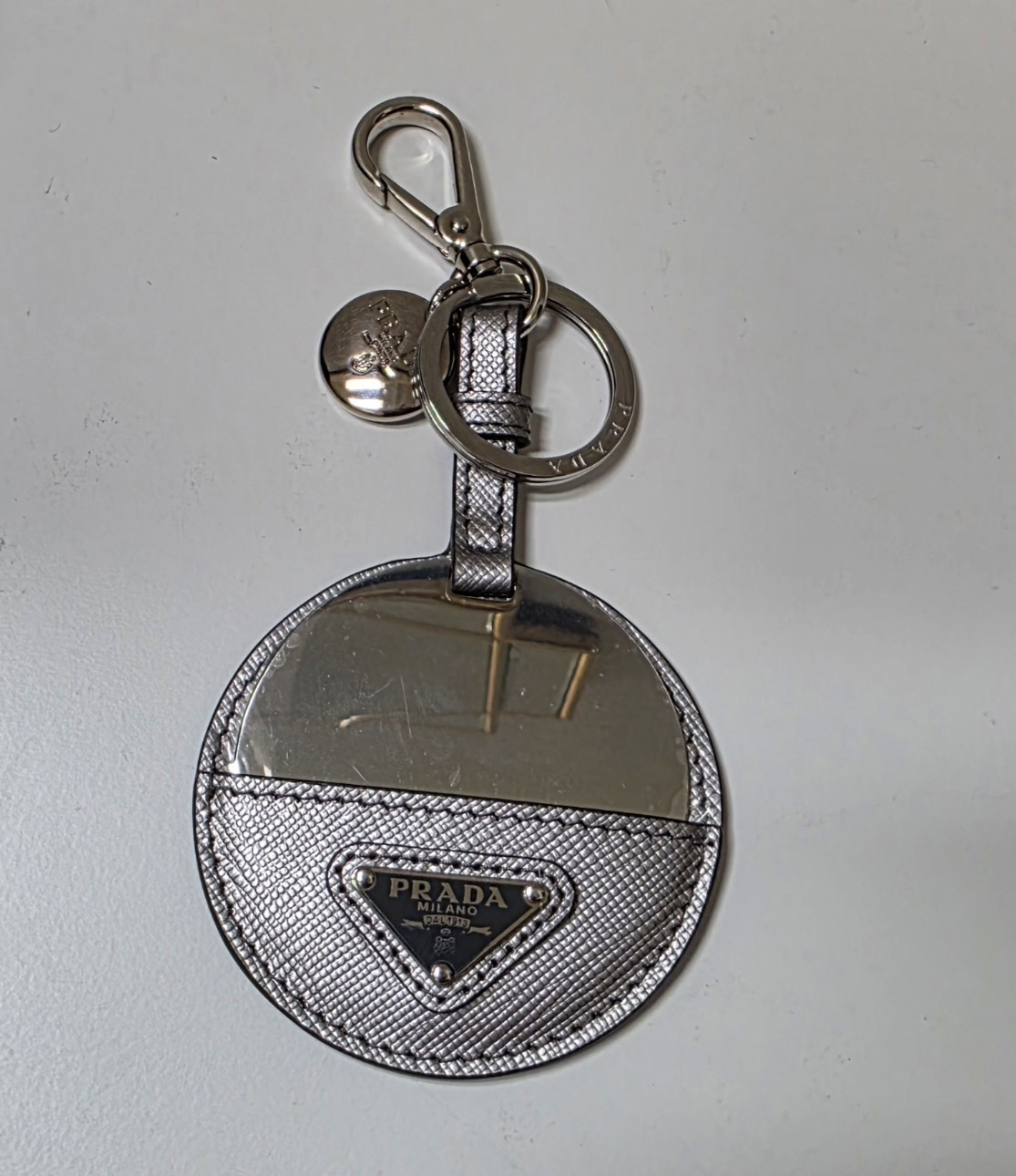 PRADA Silver Mirror Key Chain Keyring with Clip In Silver Saffiano Leather