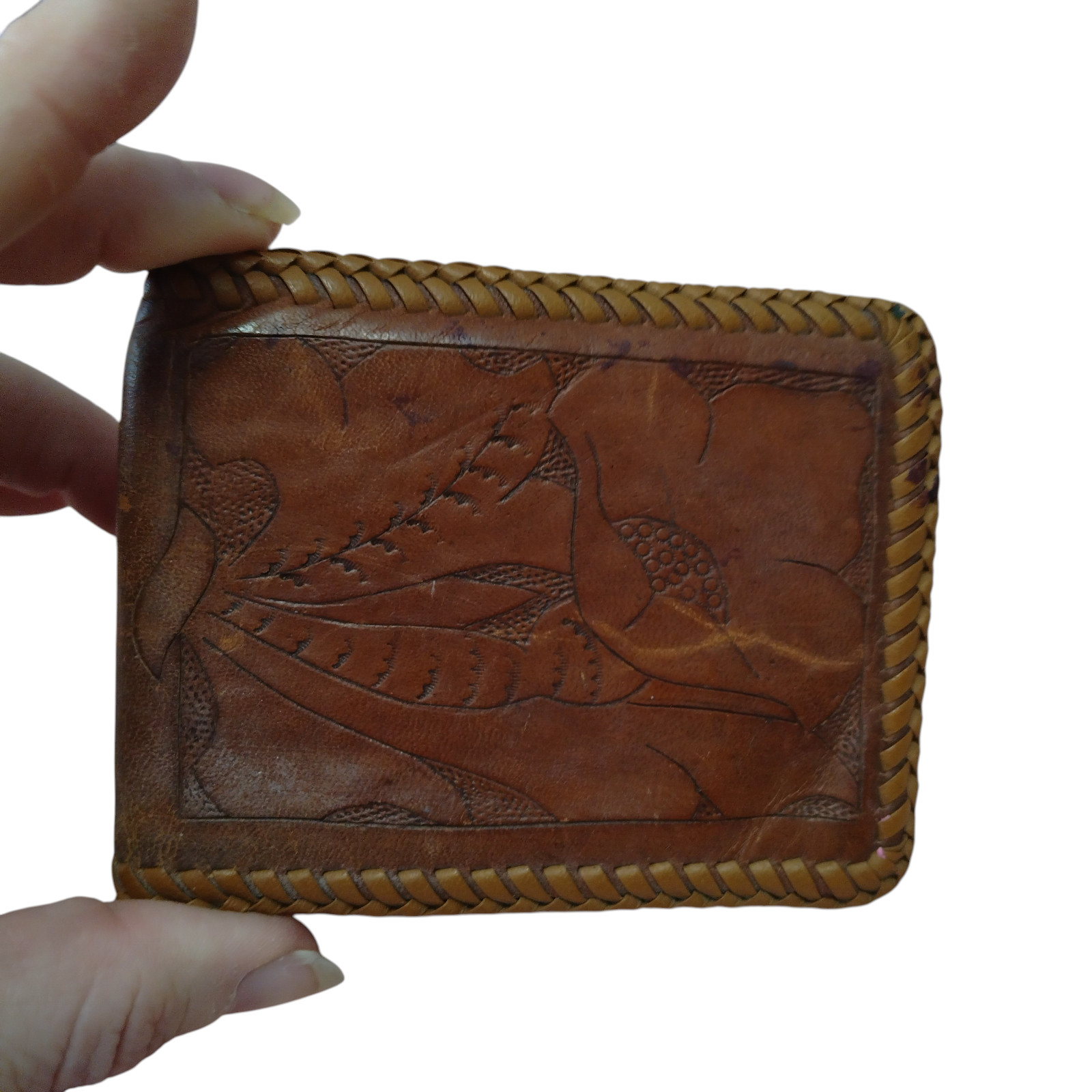 Vintage Tooled Leather Floral Bifold Wallet Brown Classic 3.5 X 4.5 Inches