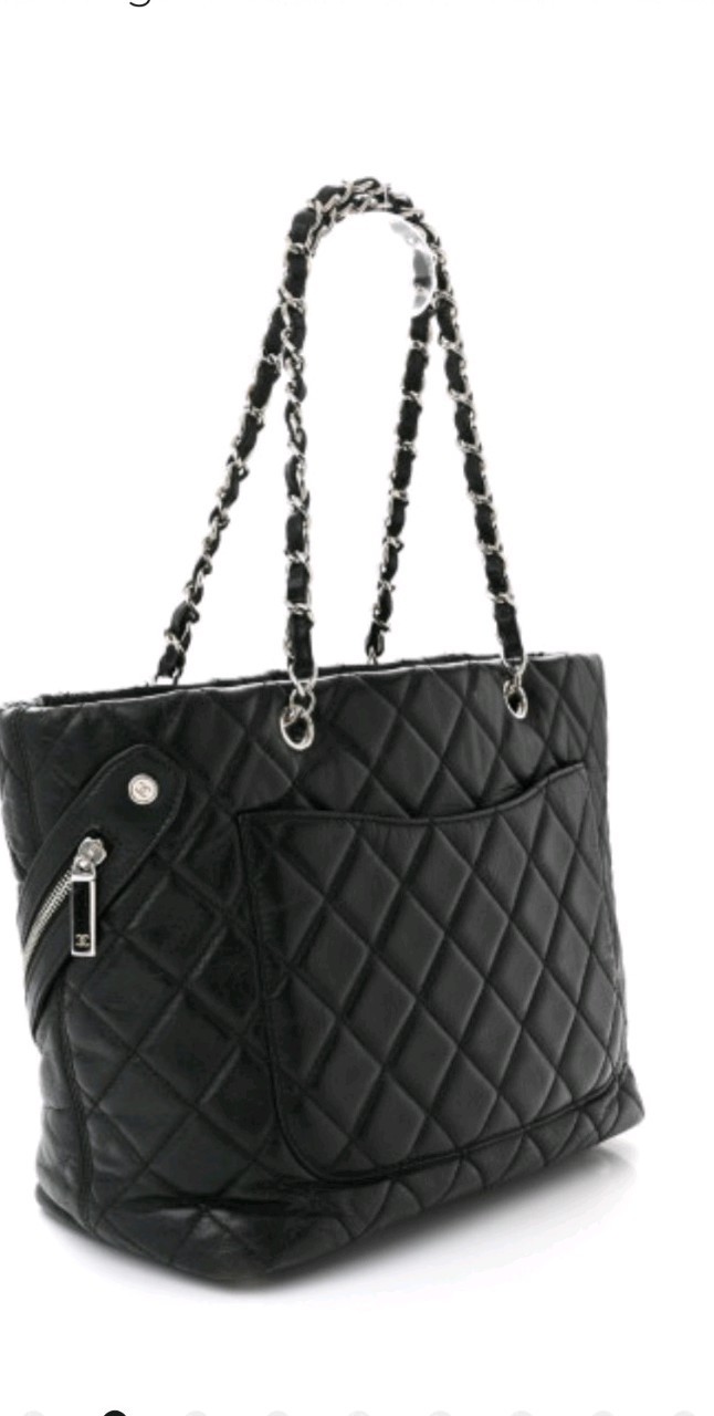 CHANEL Black Quilted Tote CC Logo Zip Silver Chain Strap Brown Lining