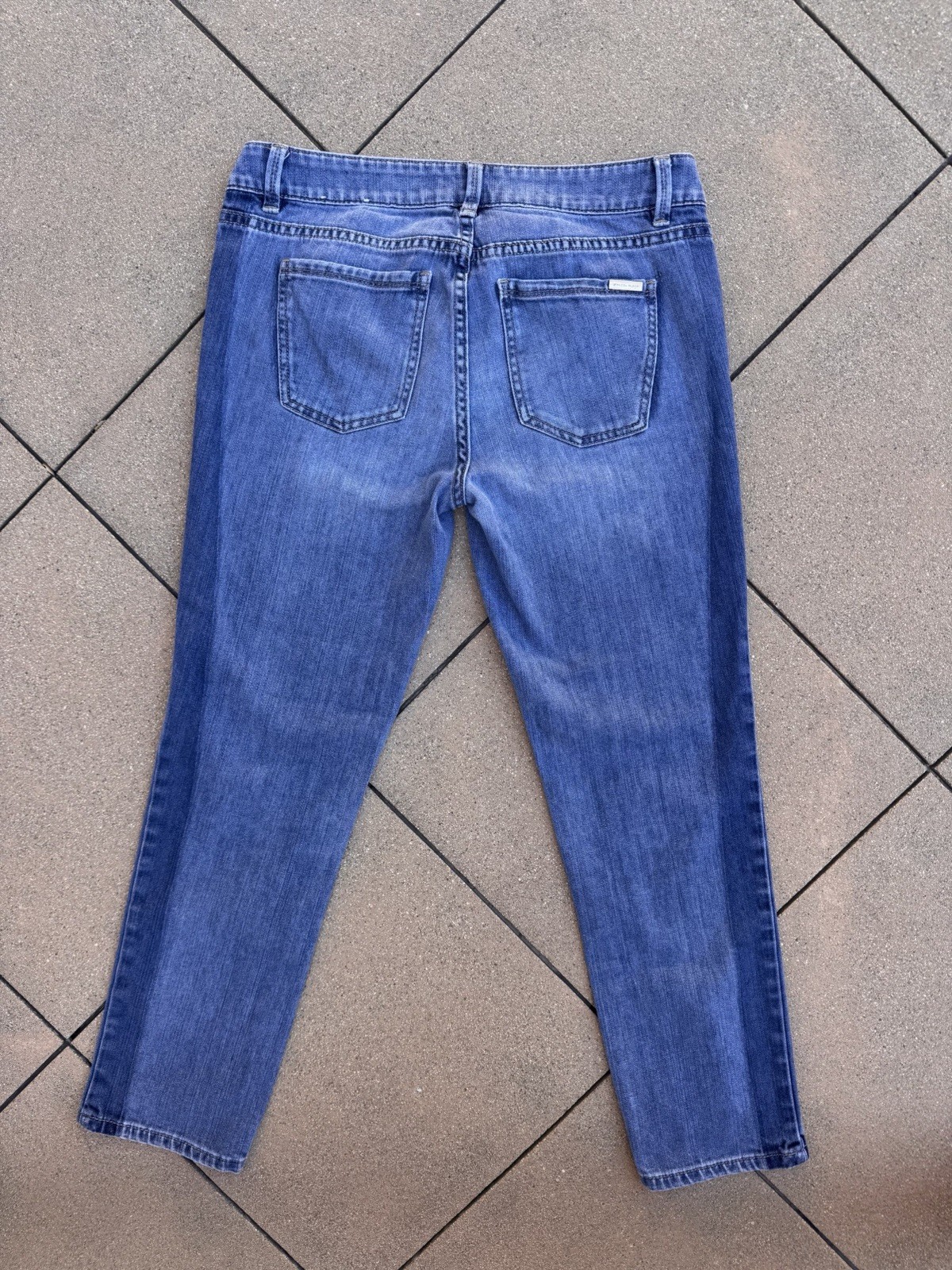 White House Black Market The Straight Two Tone Stripe Step Hem Jeans Size 4 Blue