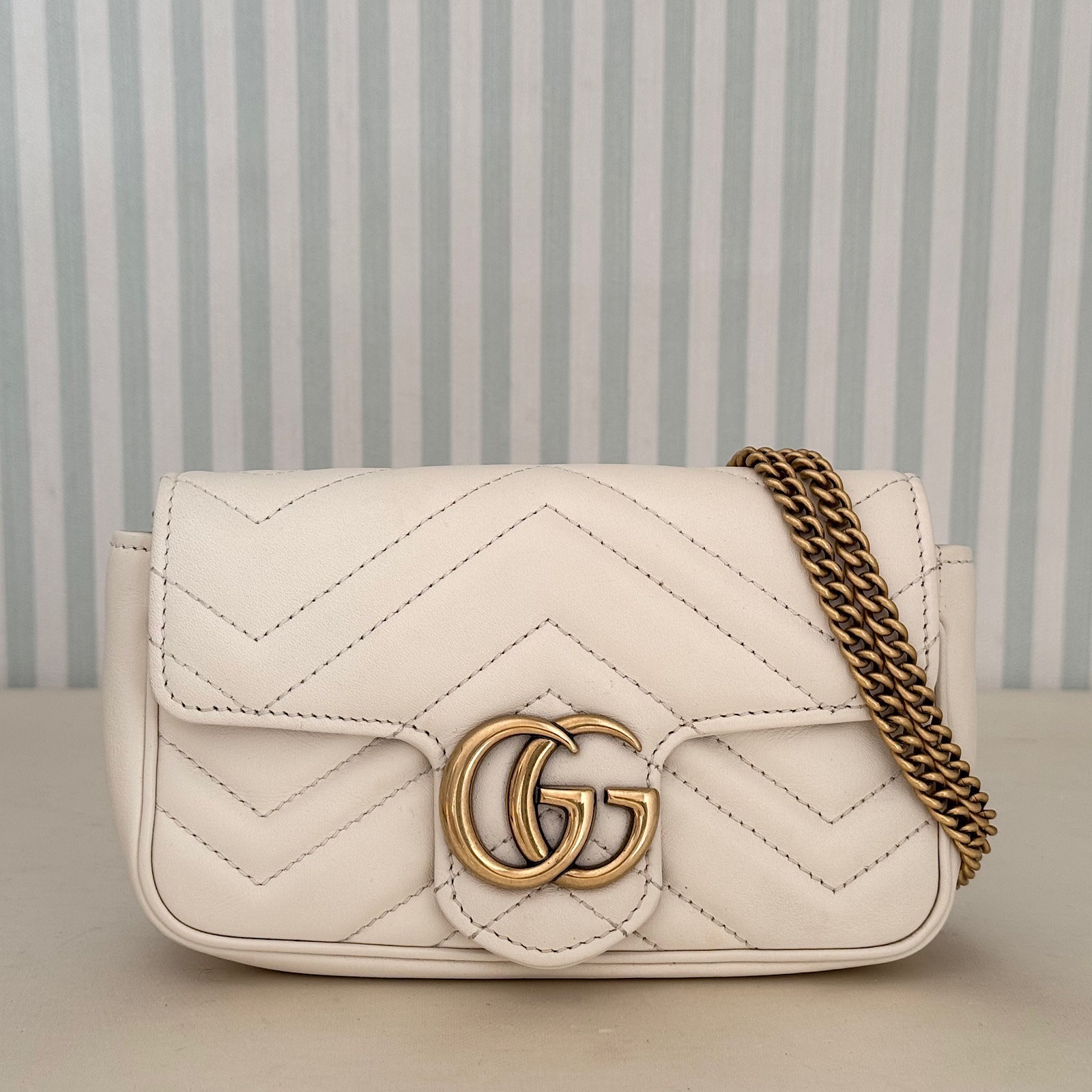 GUCCI GG Marmont 476433 Leather Chain Shoulder Bag White Crossbody with Dust Bag