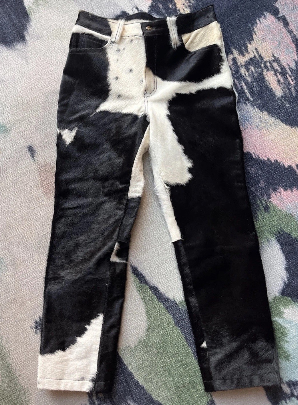 Genuine Western Cowhide Leather Pants Black & White Fur Size 32