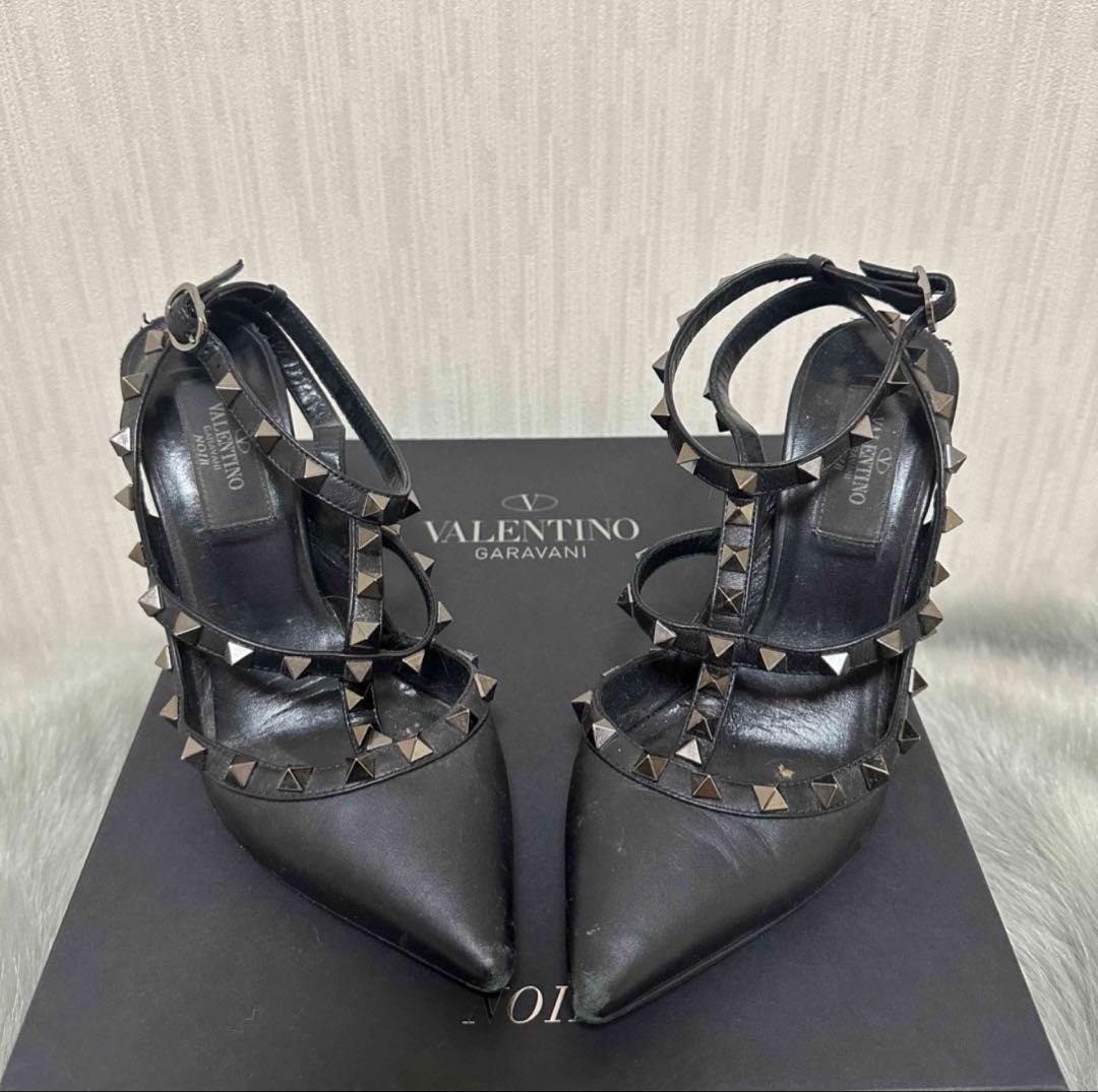 VALENTINO Rockstud Leather classic Black Ankle Strap Pumps 36/23.5cm Heel 10cm