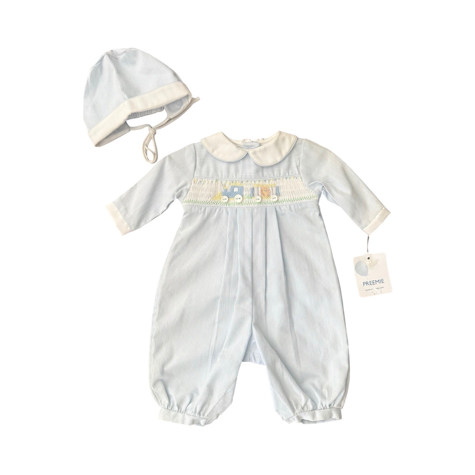 Petit Ami Smocked Train Romper Bonnet Set Blue White Stripe NWT Preemie Baby Boy