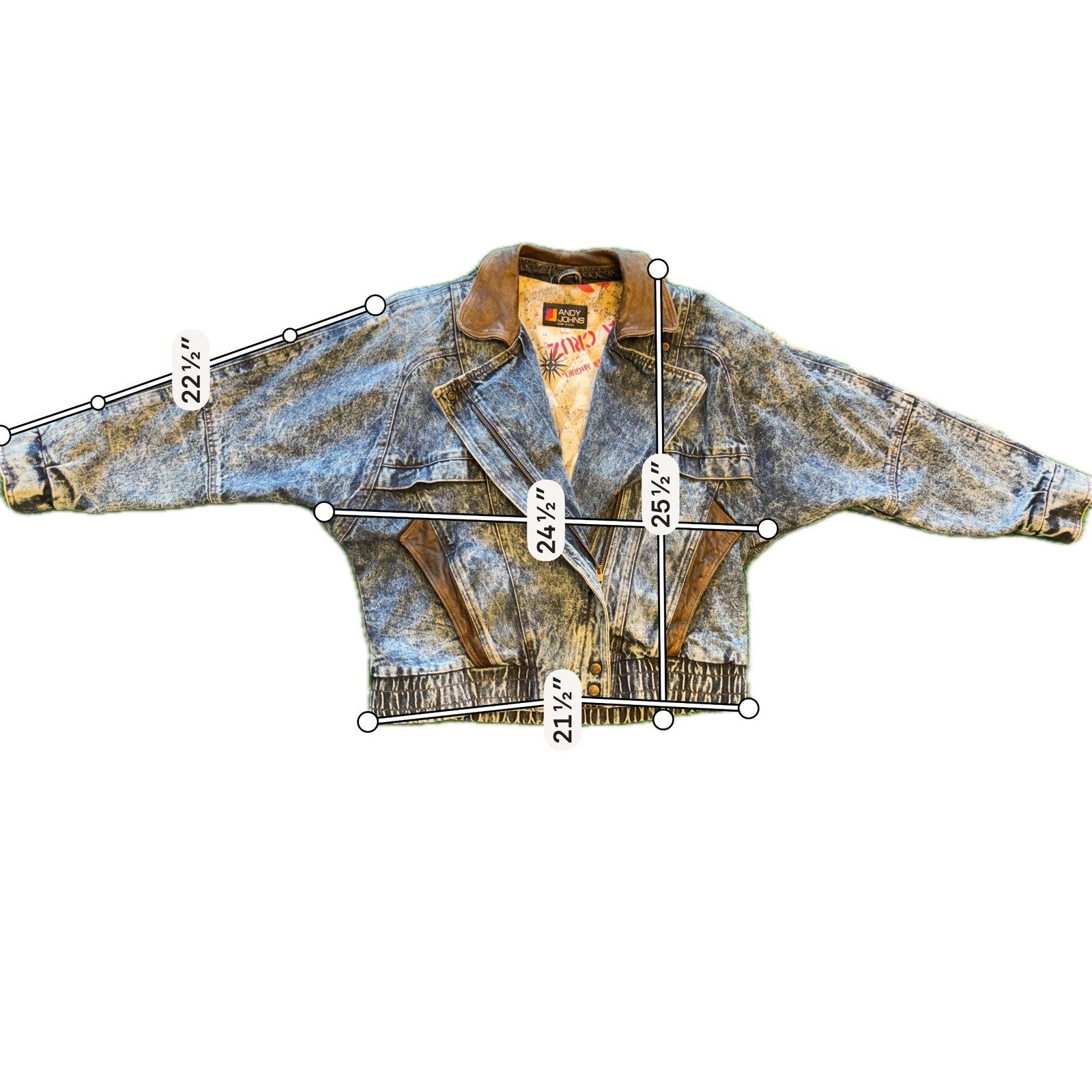 Andy Johns Denim Bomber Jacket Mens M Blue Excellent Acid Wash Leather Trim 80s