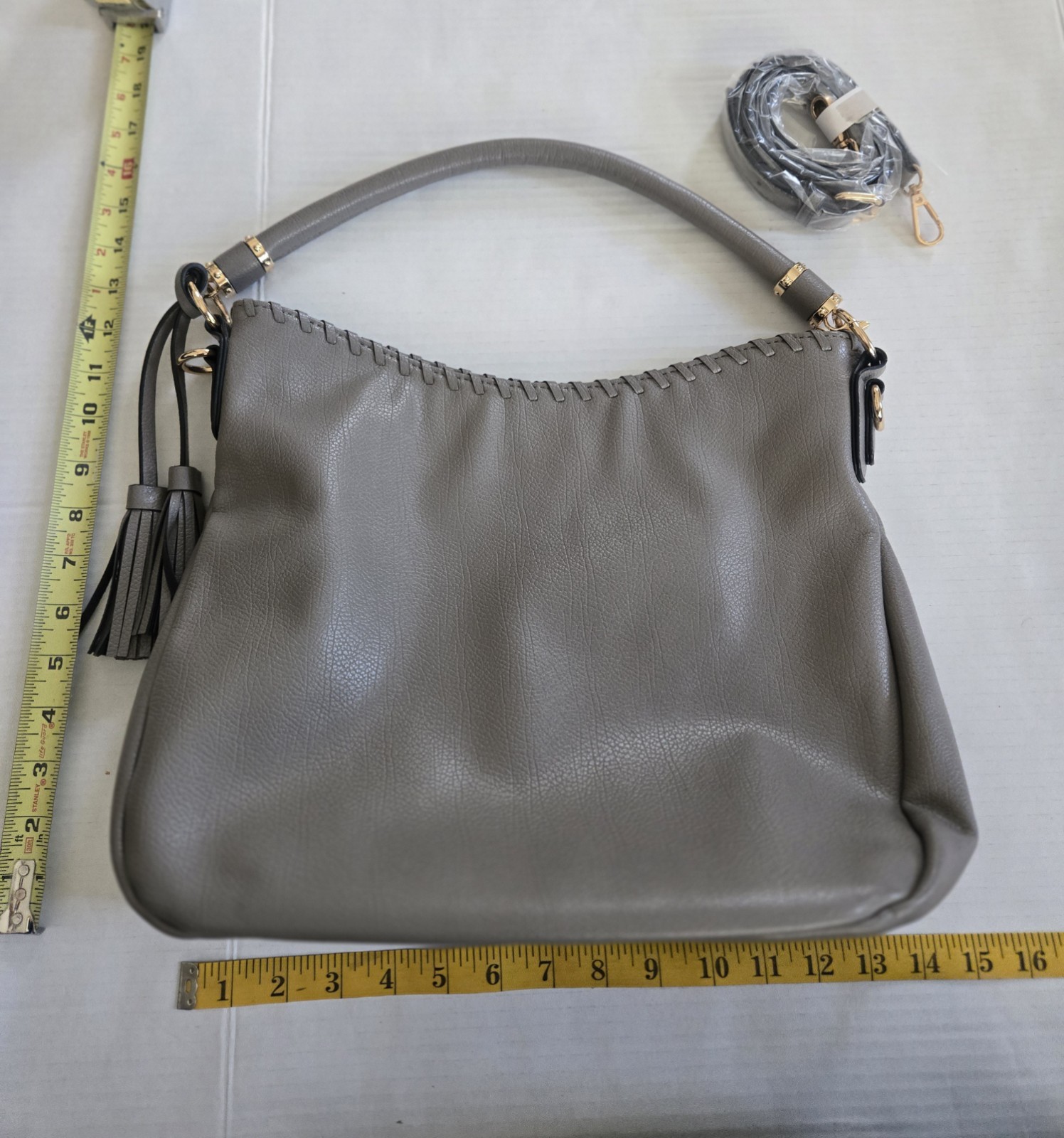 Large Women’s Taupe Gray Faux Leather Hobo Shoulder Bag Tote Purse Outer Pocket