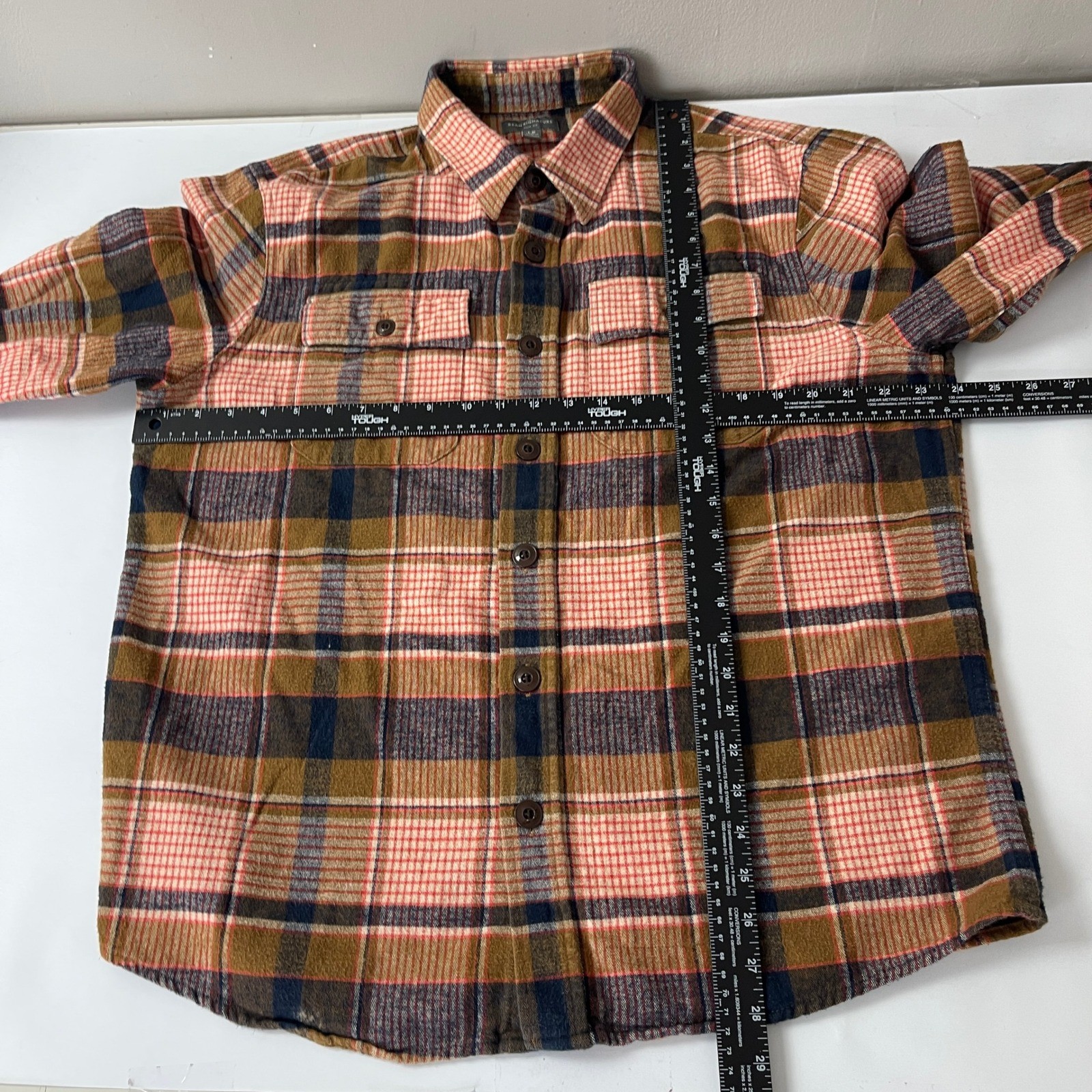 LL Bean Signature Shirt Mens Large Slim Brown Red Chamois Plaid Outdoor Heritage